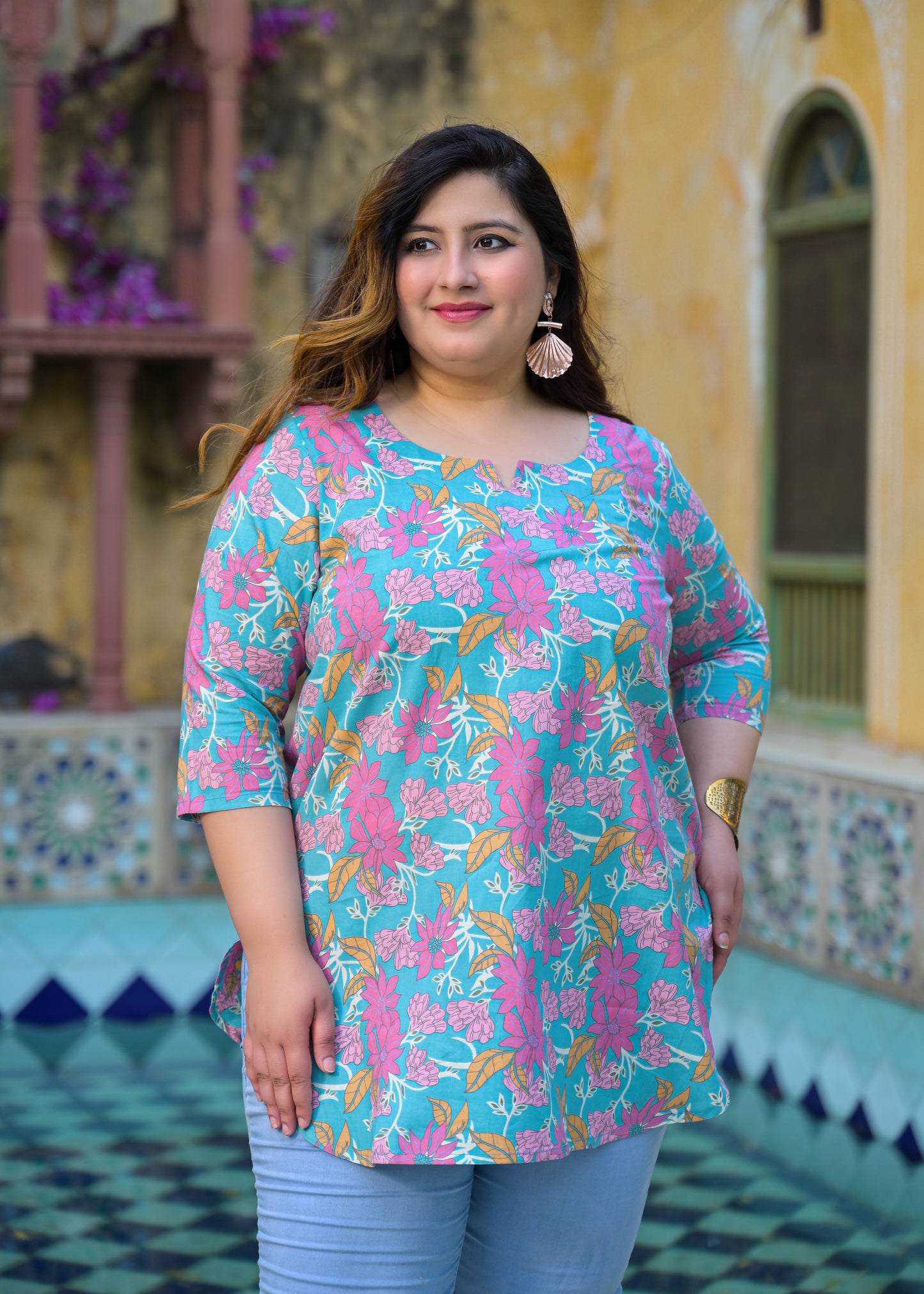 Teal Floral Printed Top
