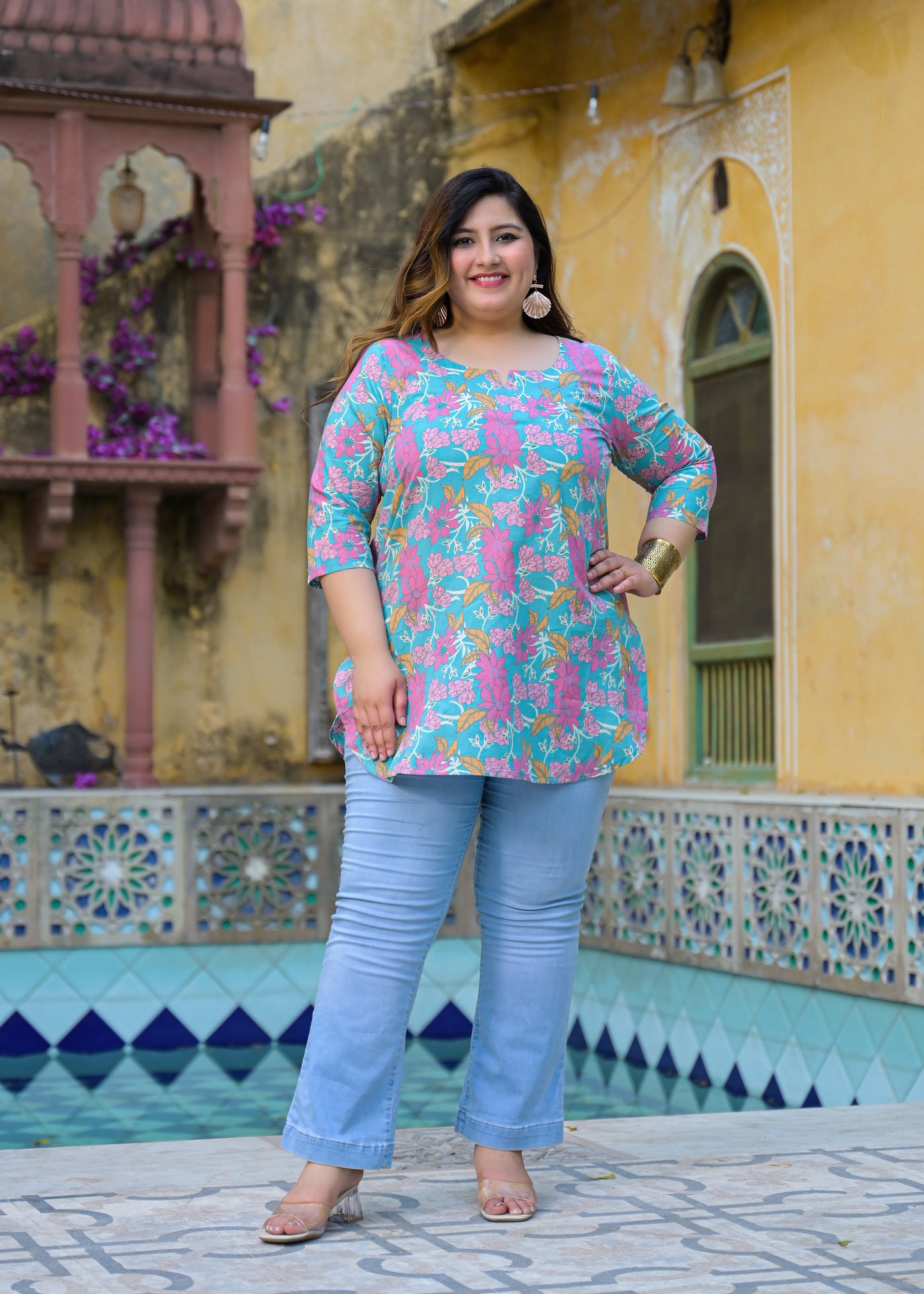 Teal Floral Printed Top