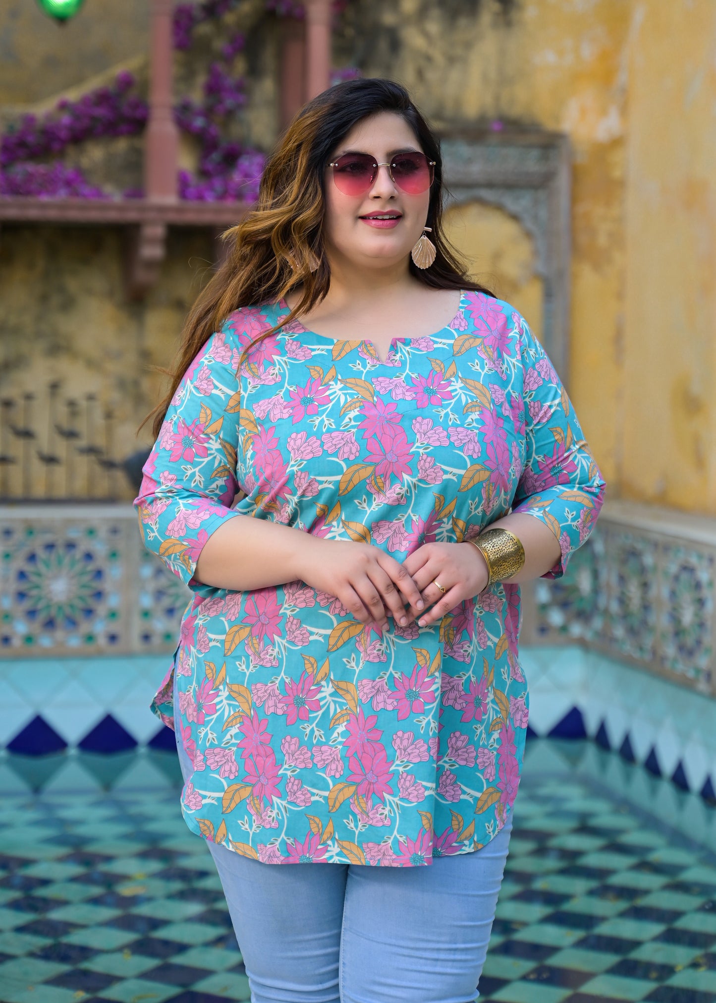 Teal Floral Printed Top