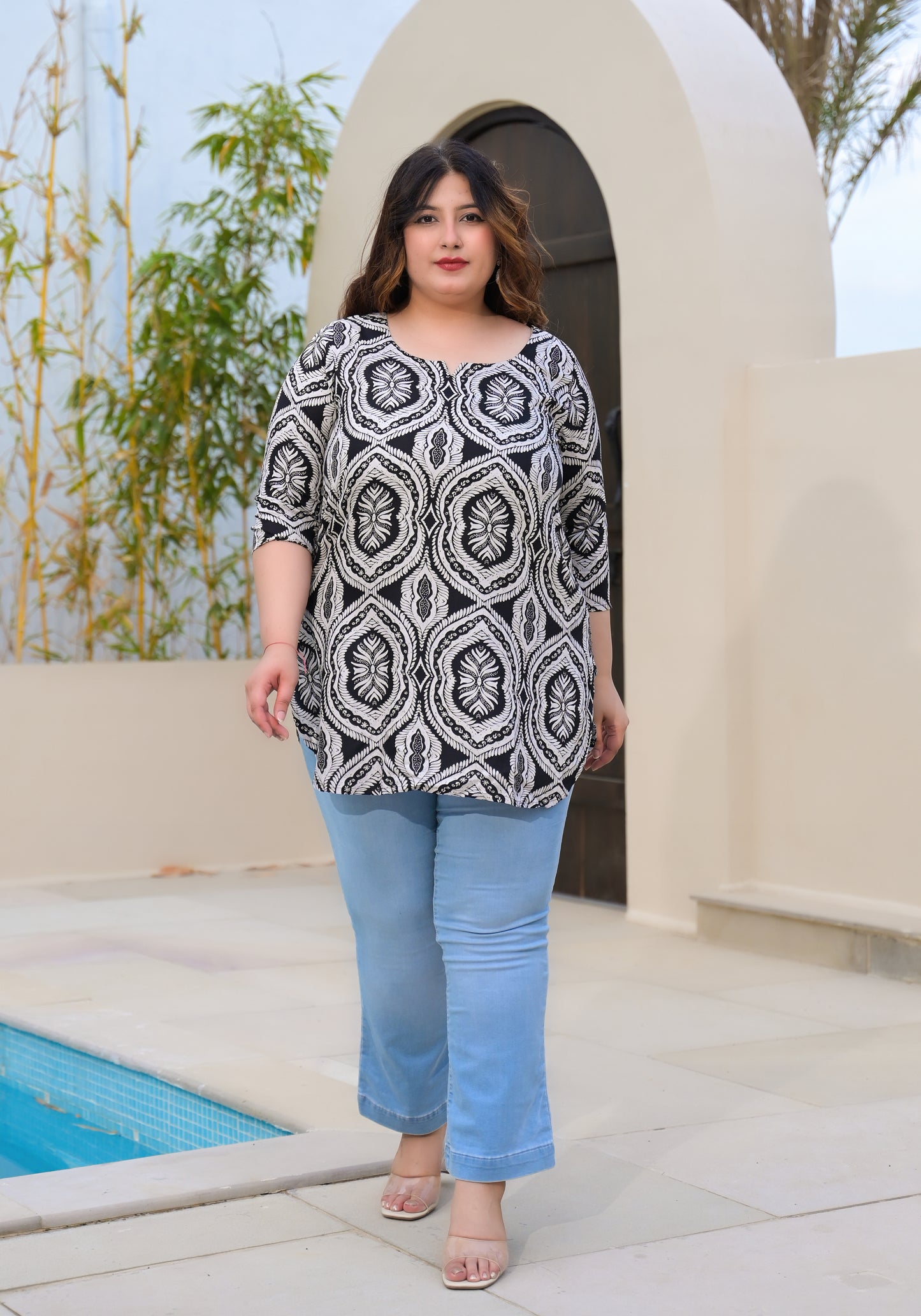 Grey Black Geometrical Printed Top