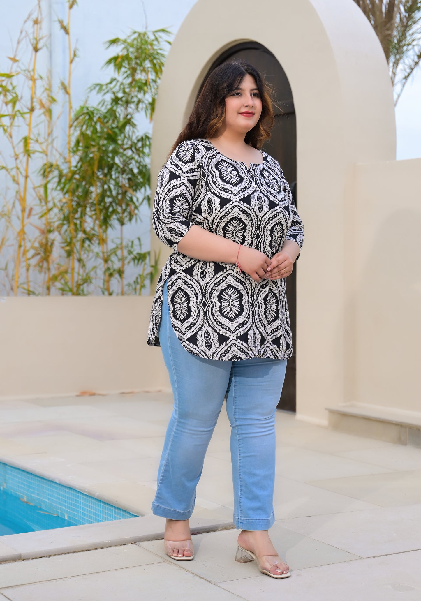 Grey Black Geometrical Printed Top