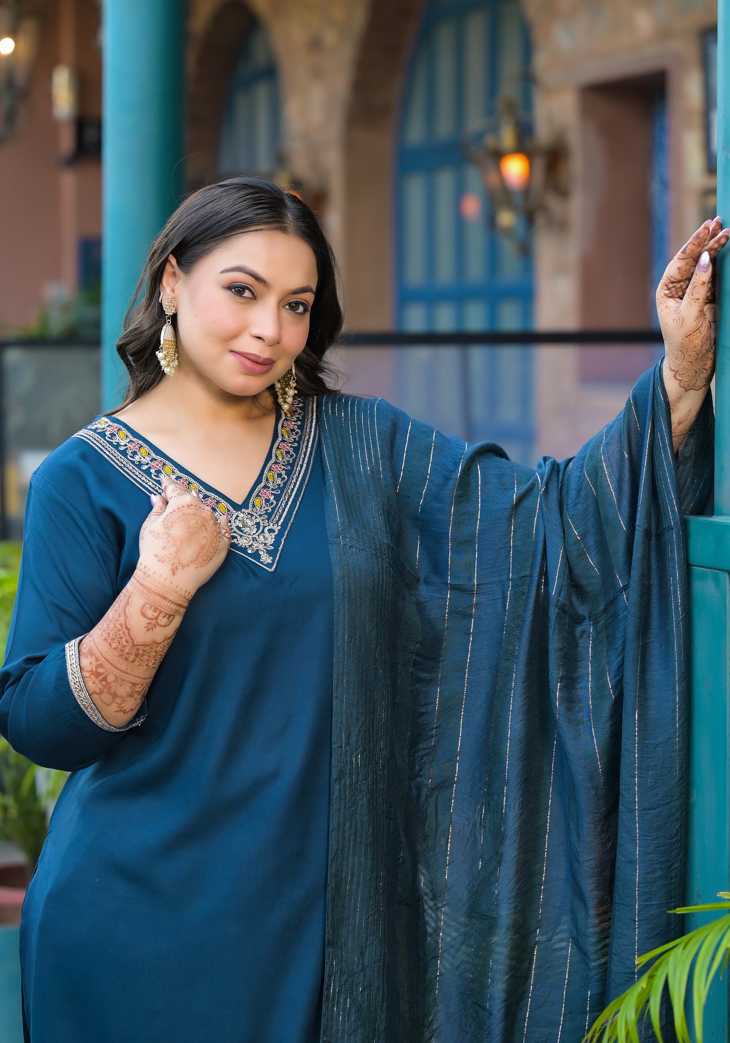 Blue Embroidered Kurta pant Dupatta Set