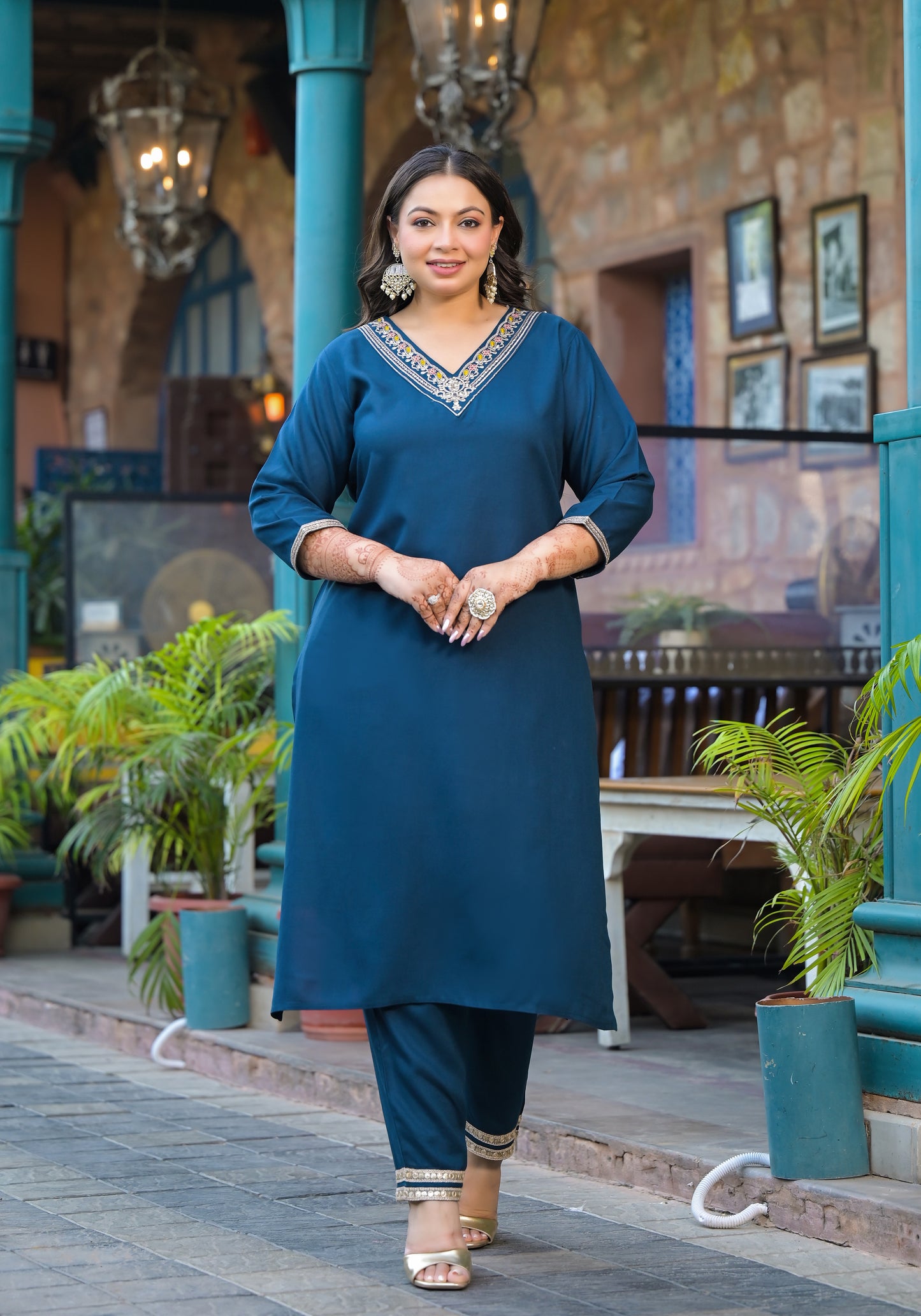 Blue Embroidered Kurta pant Dupatta Set