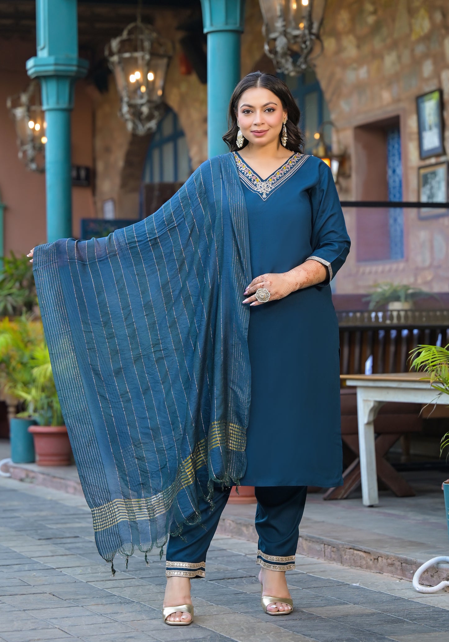 Blue Embroidered Kurta pant Dupatta Set