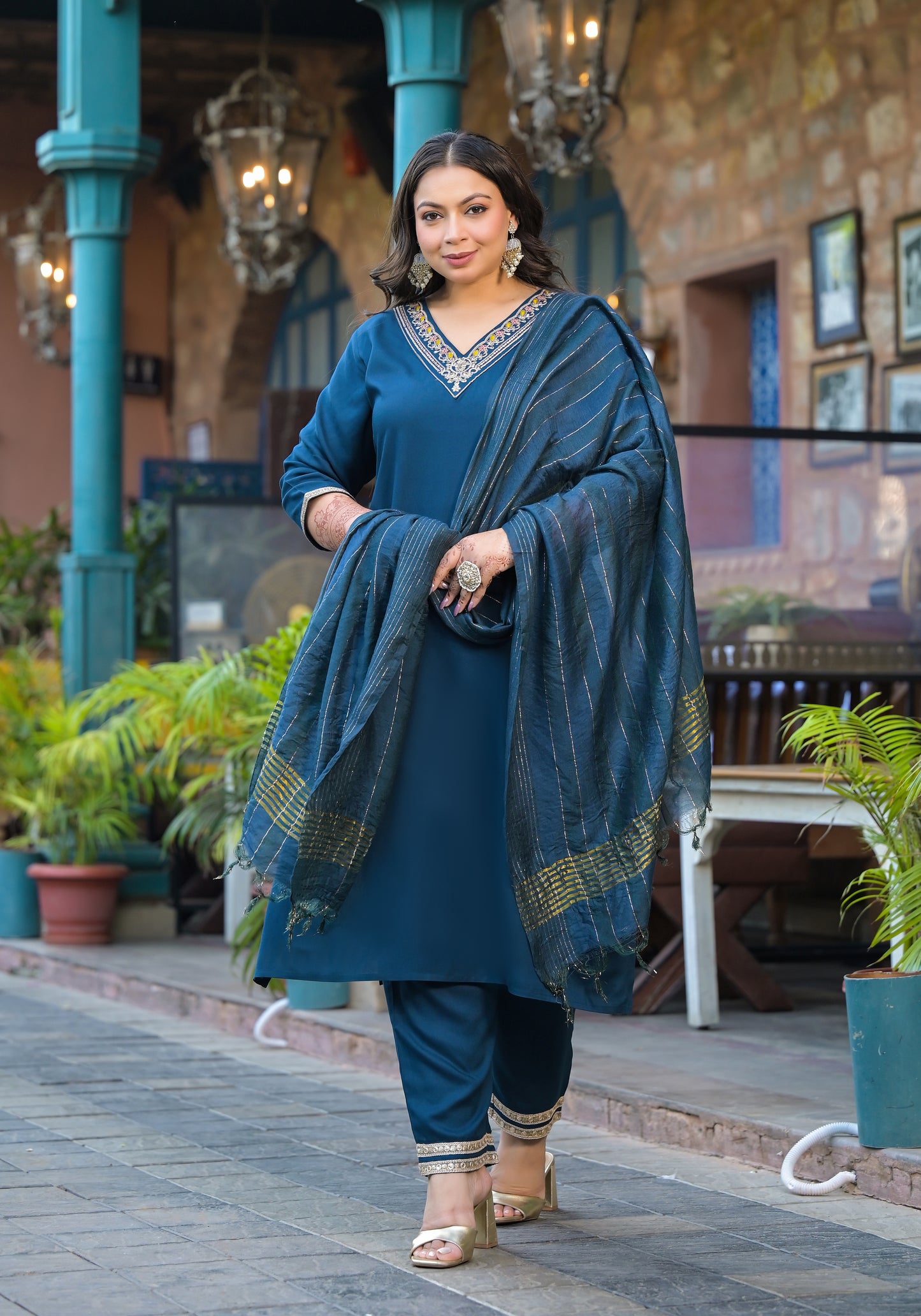 Blue Embroidered Kurta pant Dupatta Set