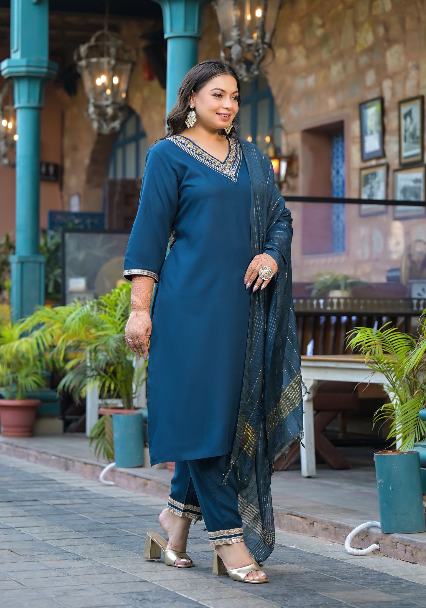 Blue Embroidered Kurta pant Dupatta Set