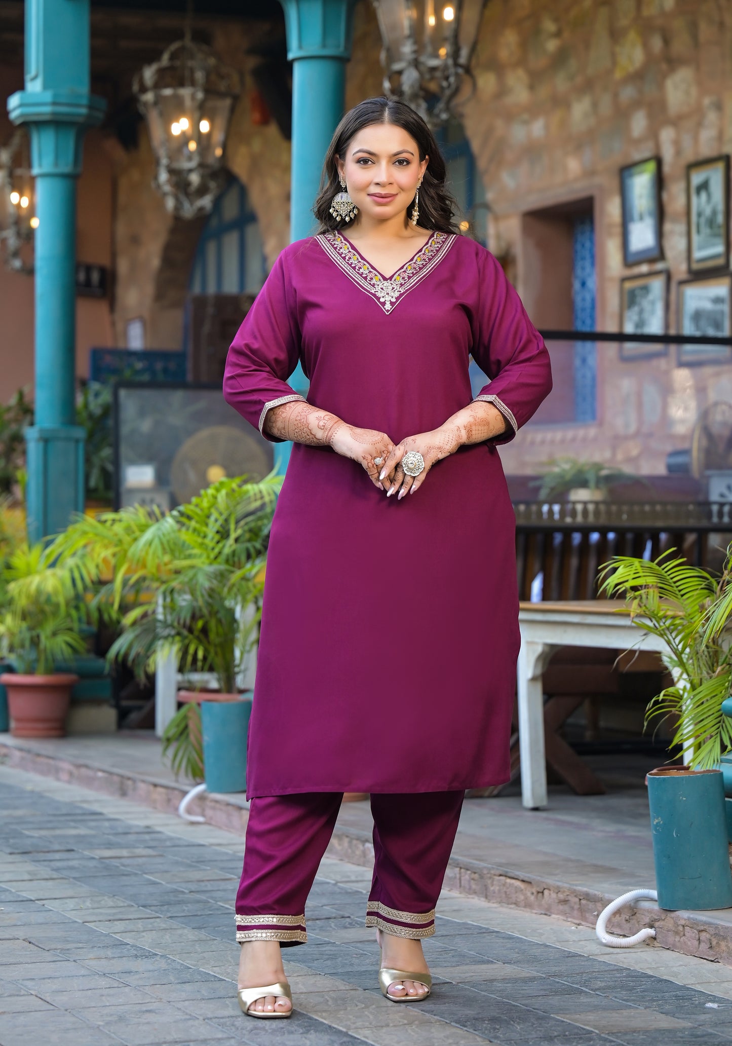 Maroon Embroidered Kurta Pant Dupatta Set