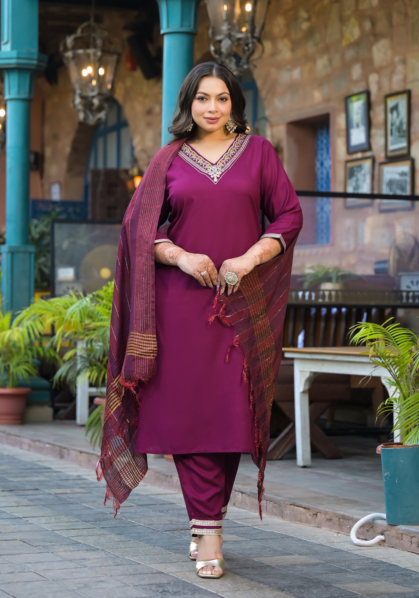 Maroon Embroidered Kurta Pant Dupatta Set