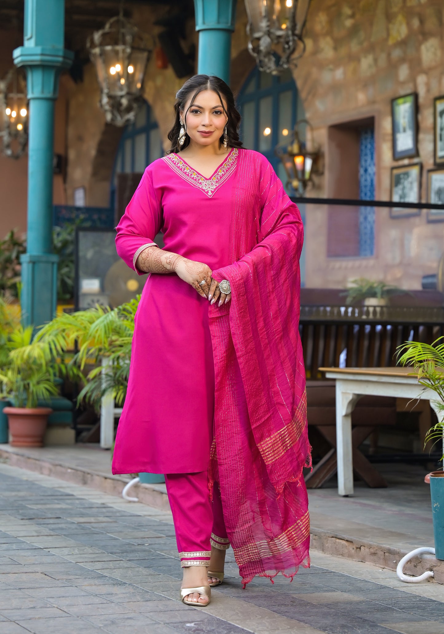 Rani Embroidered Kurta Pant Dupatta Set