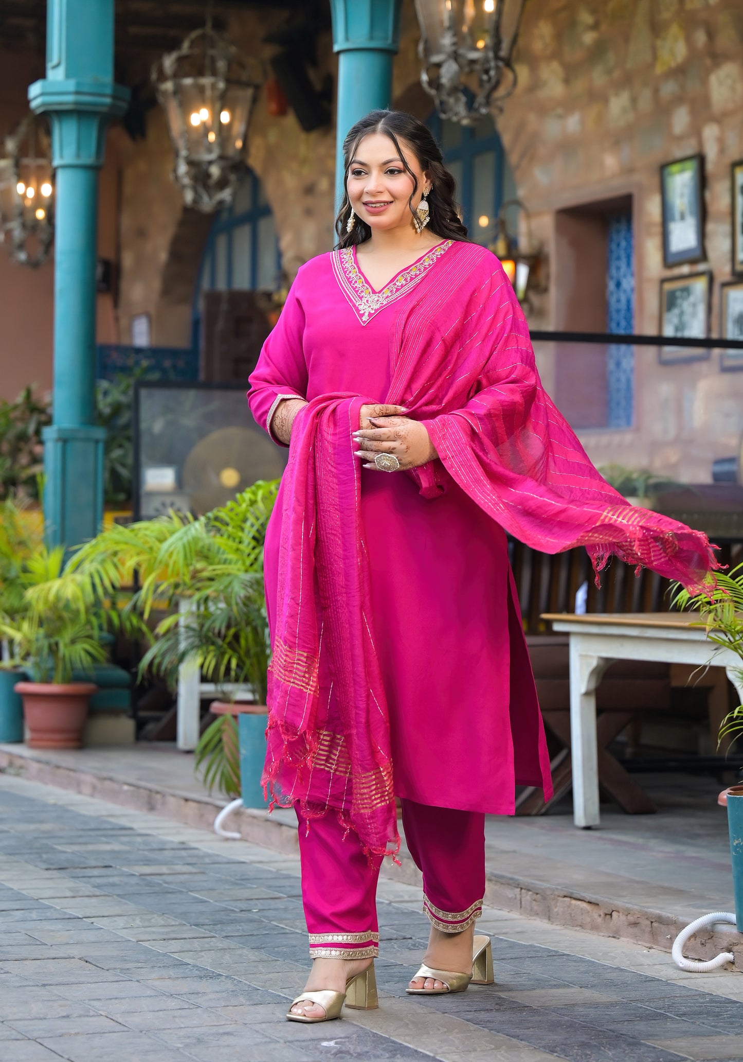 Rani Embroidered Kurta Pant Dupatta Set