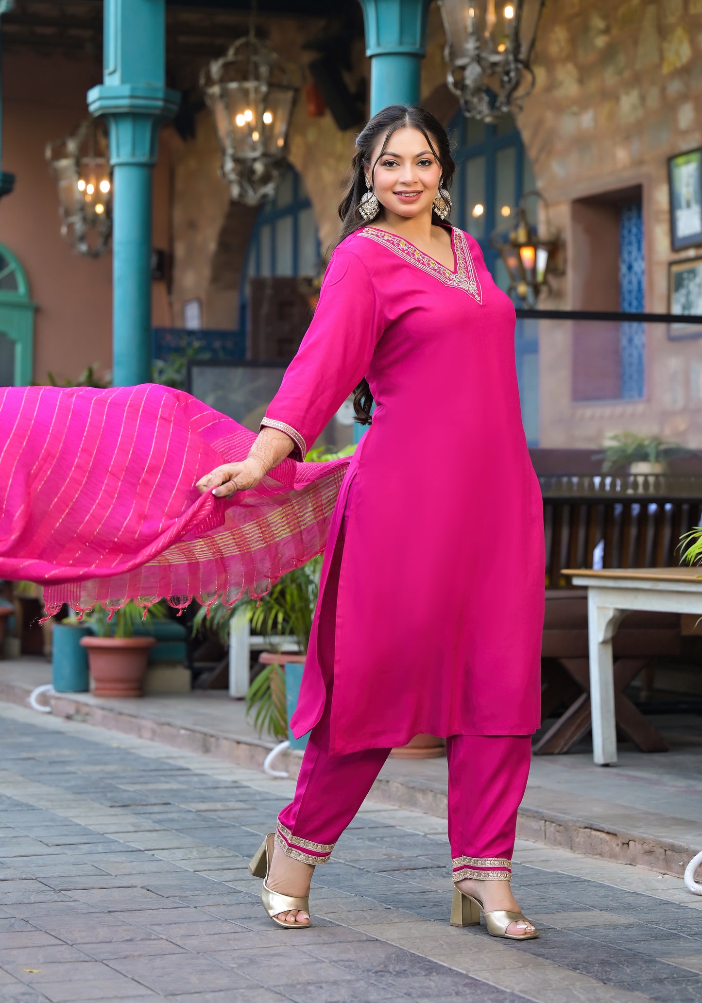 Rani Embroidered Kurta Pant Dupatta Set