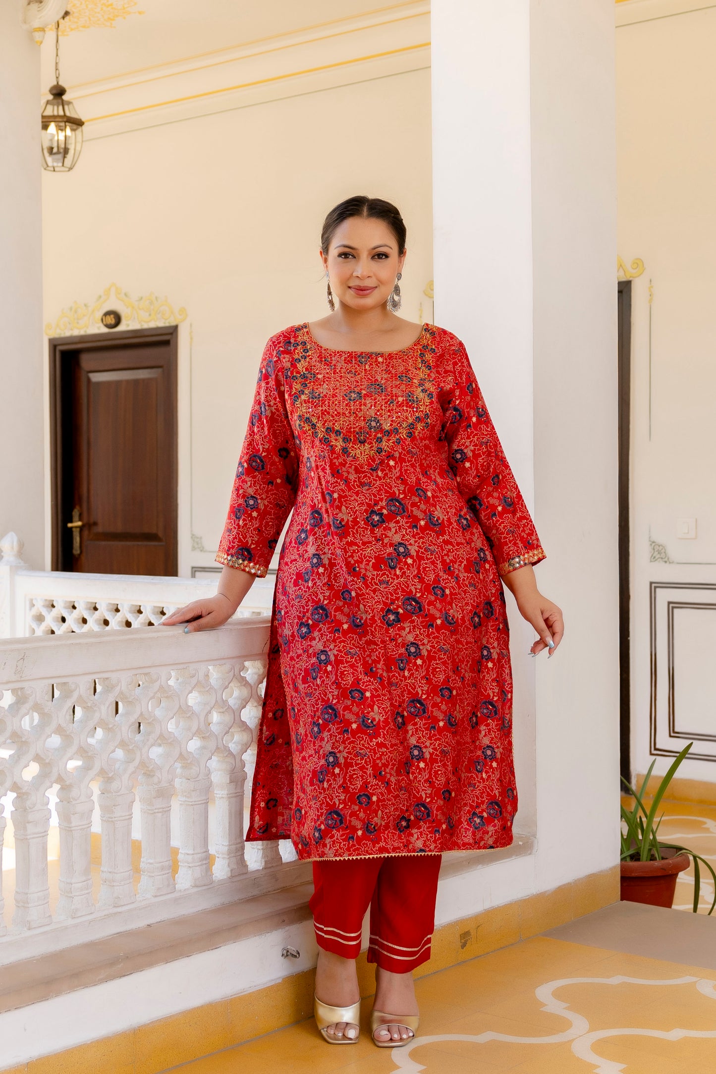 Red Embroidered Kurta Pant & Dupatta Set (Muslin)
