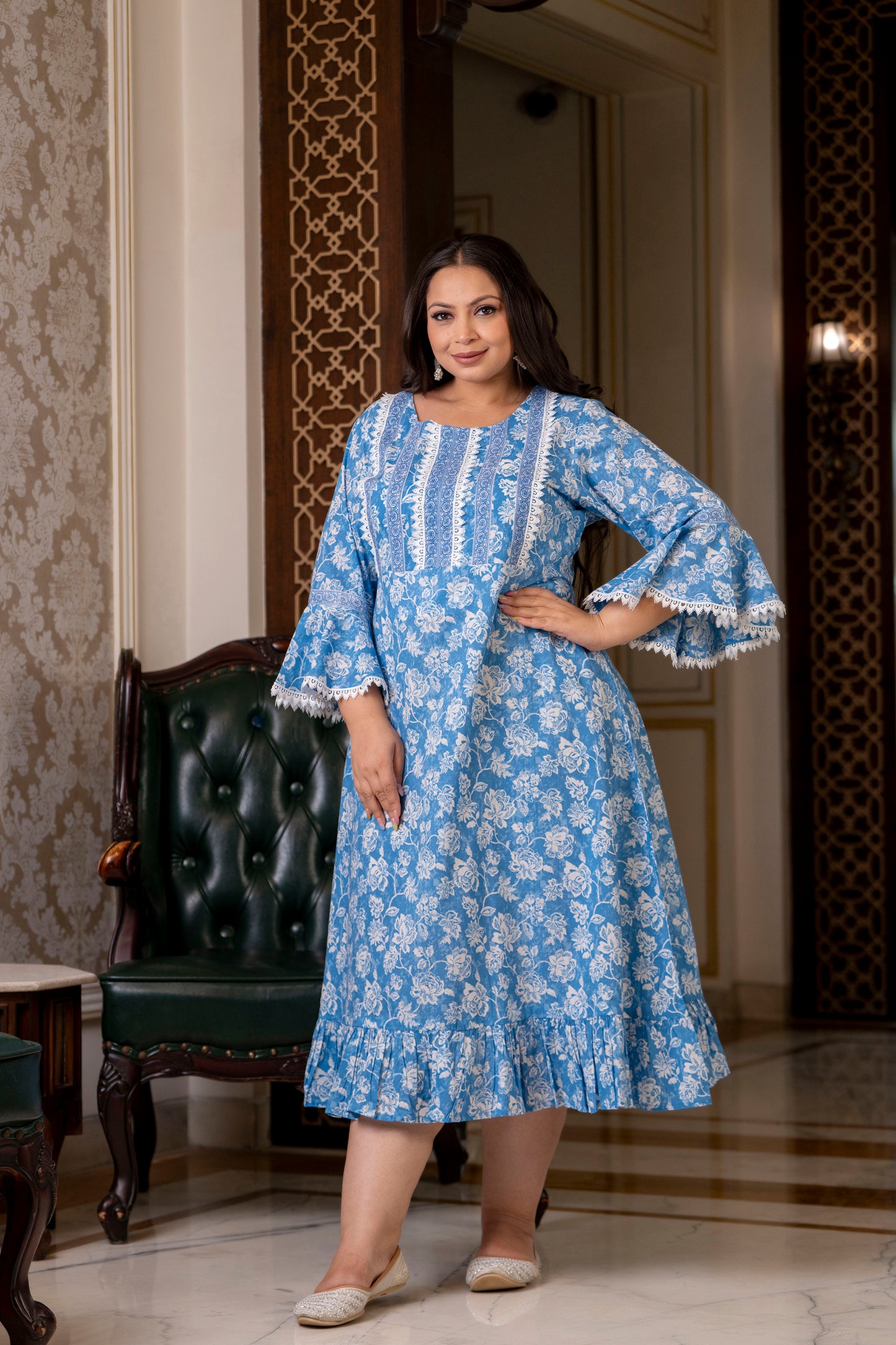 Sea Green Pure Cotton Printed Long Dress