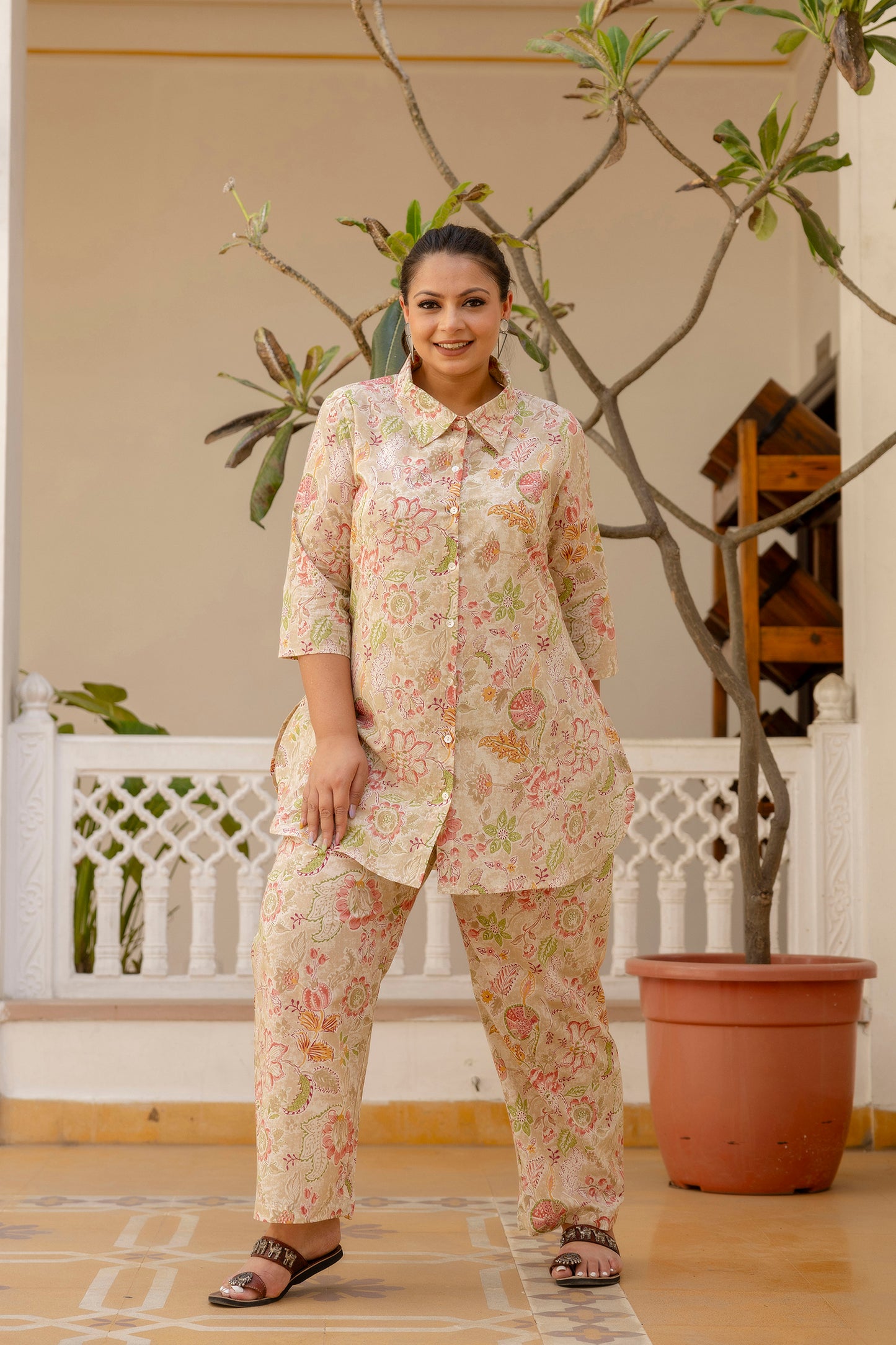 Beige Pure Cotton Co-Ord Tunic and Pant Set