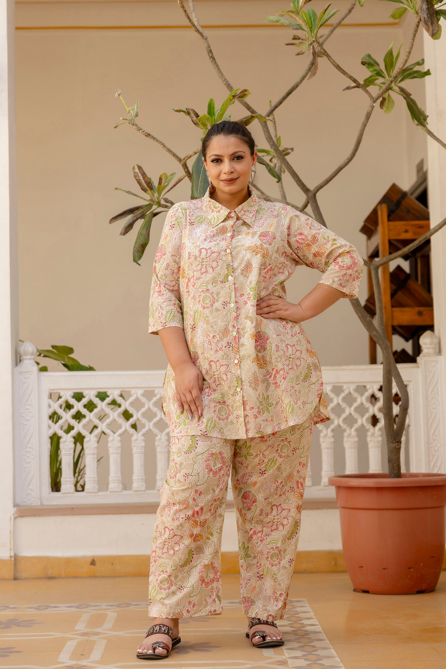 Beige Pure Cotton Co-Ord Tunic and Pant Set