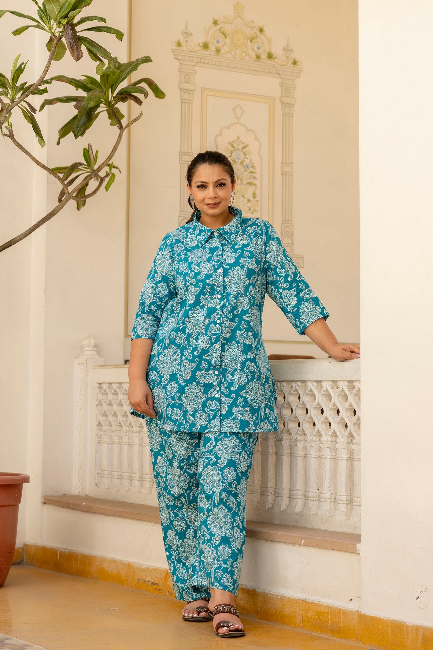 Teal Blue Pure Cotton Co-Ord Tunic and Pant Set