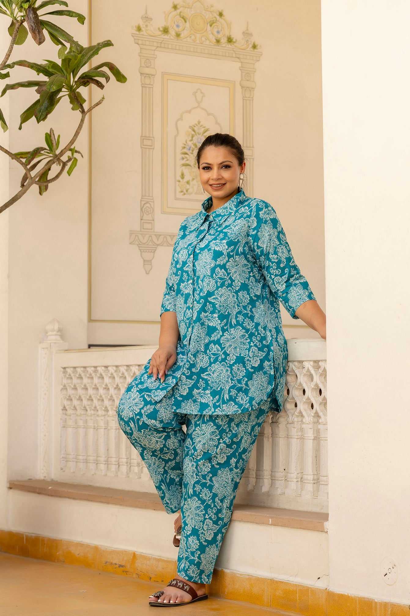 Teal Blue Pure Cotton Co-Ord Tunic and Pant Set