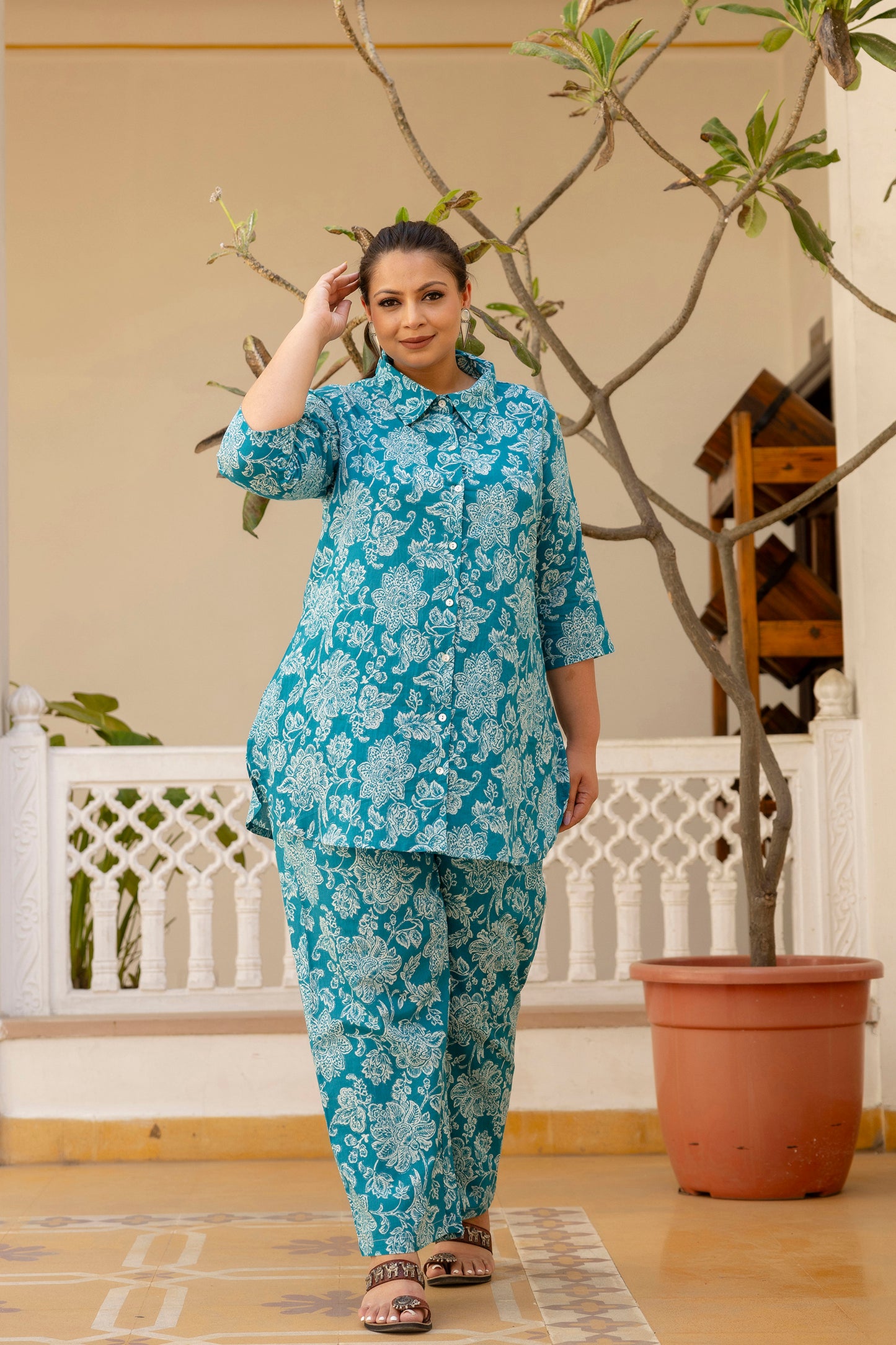 Teal Blue Pure Cotton Co-Ord Tunic and Pant Set