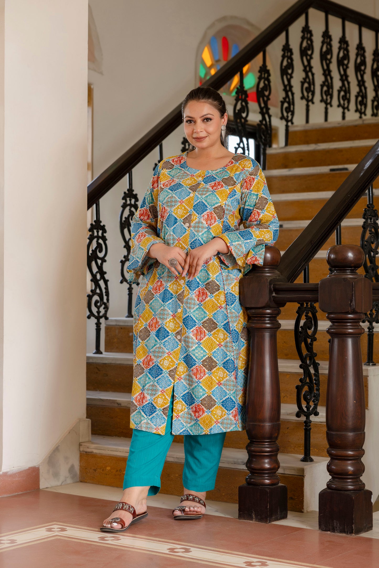 Turquoise Front Slit Princess Cut 'A' Line Kurta