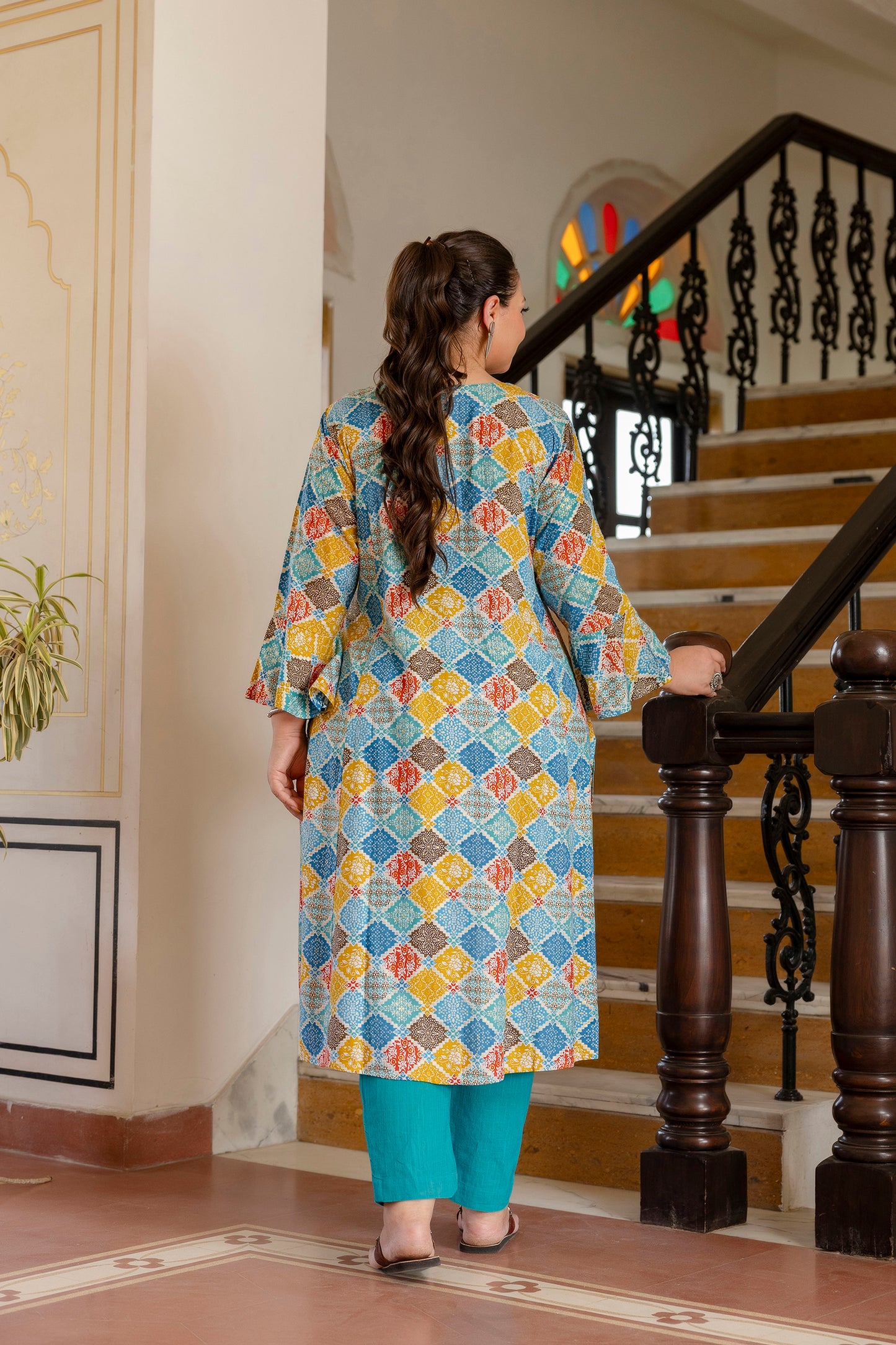 Turquoise Front Slit Princess Cut 'A' Line Kurta