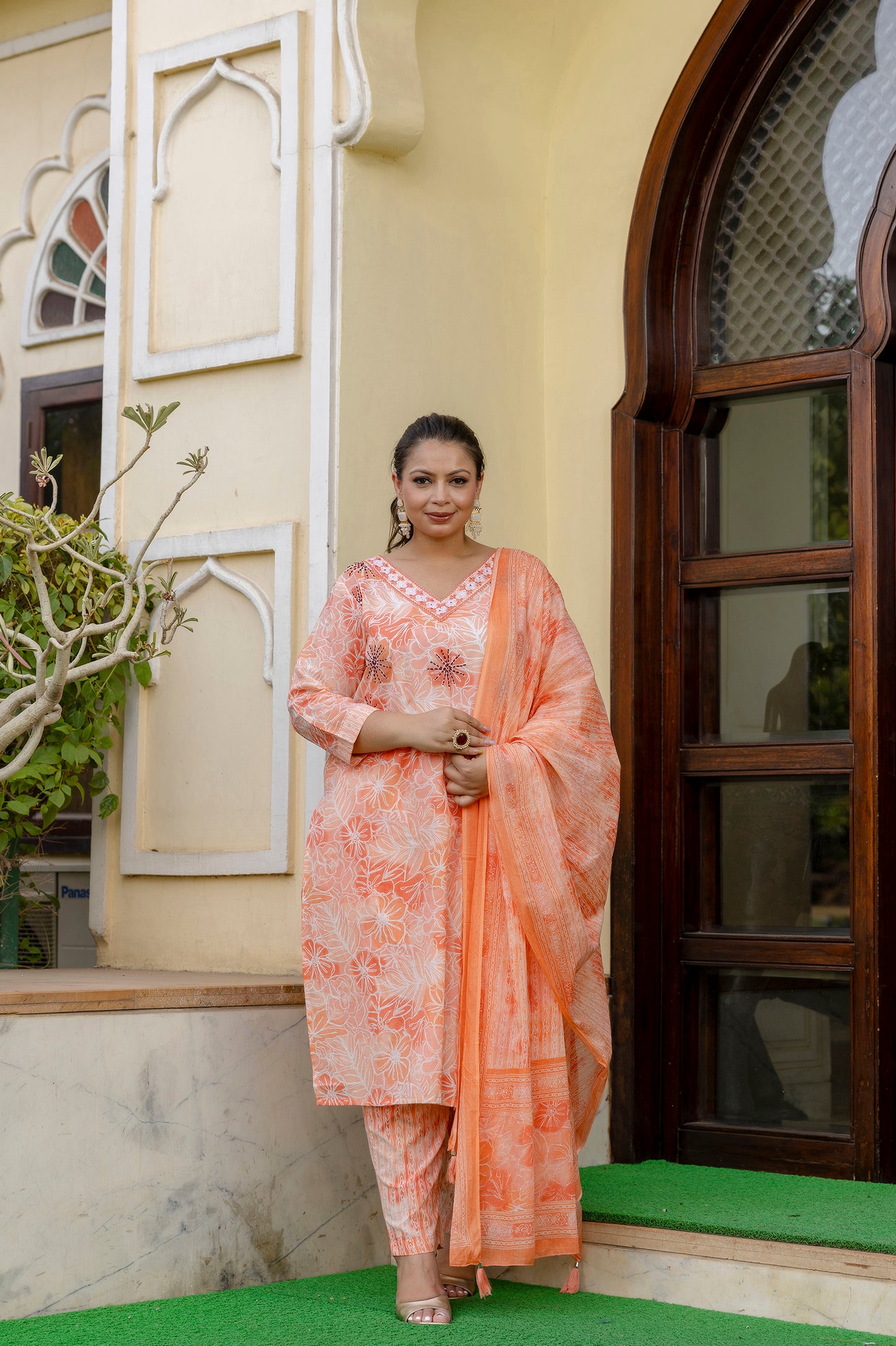 Coral Cotton Kurta pant Dupatta Set