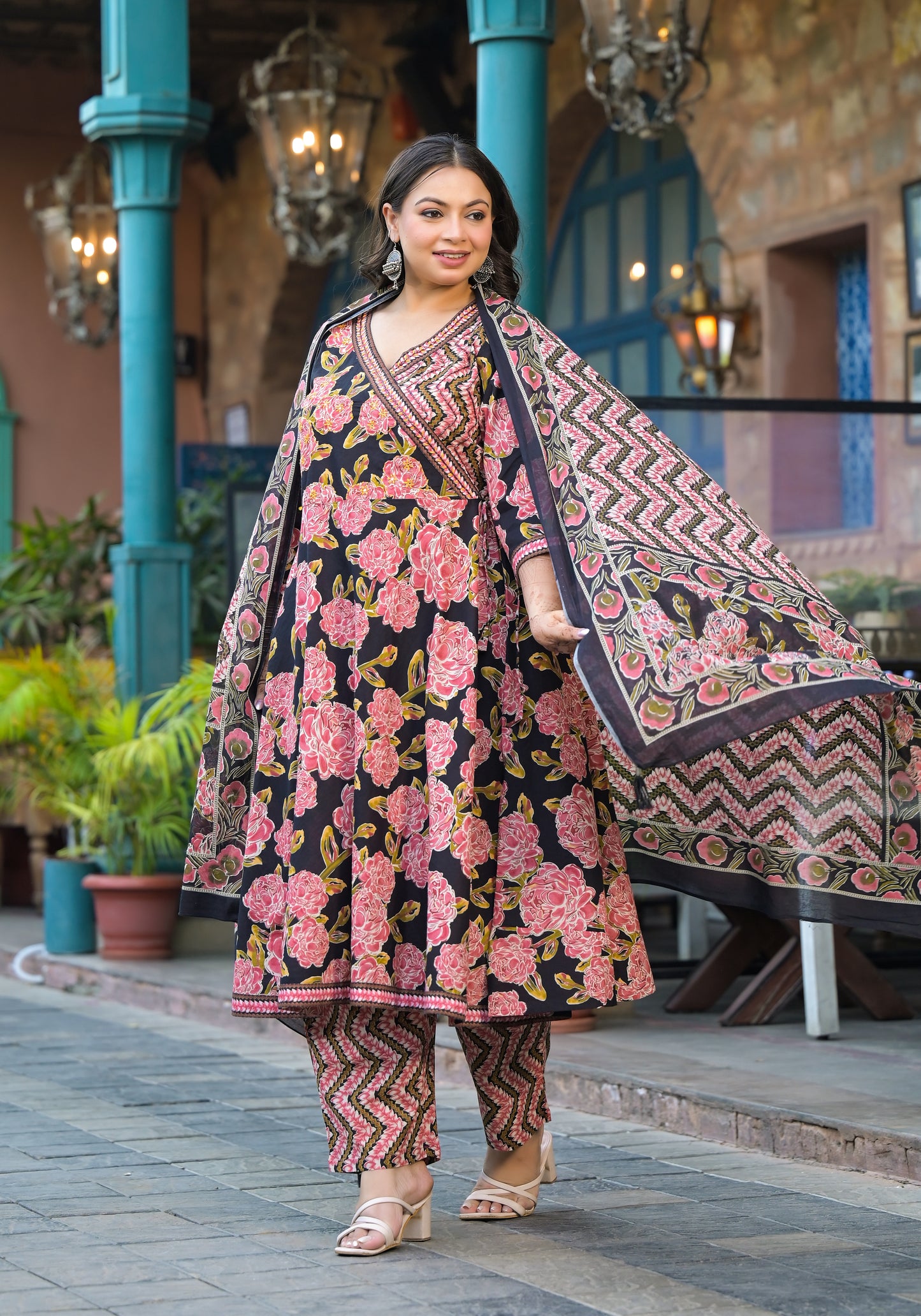 Light Pink Anarkali Kurta Pant Dupatta Set (Pure Cotton)
