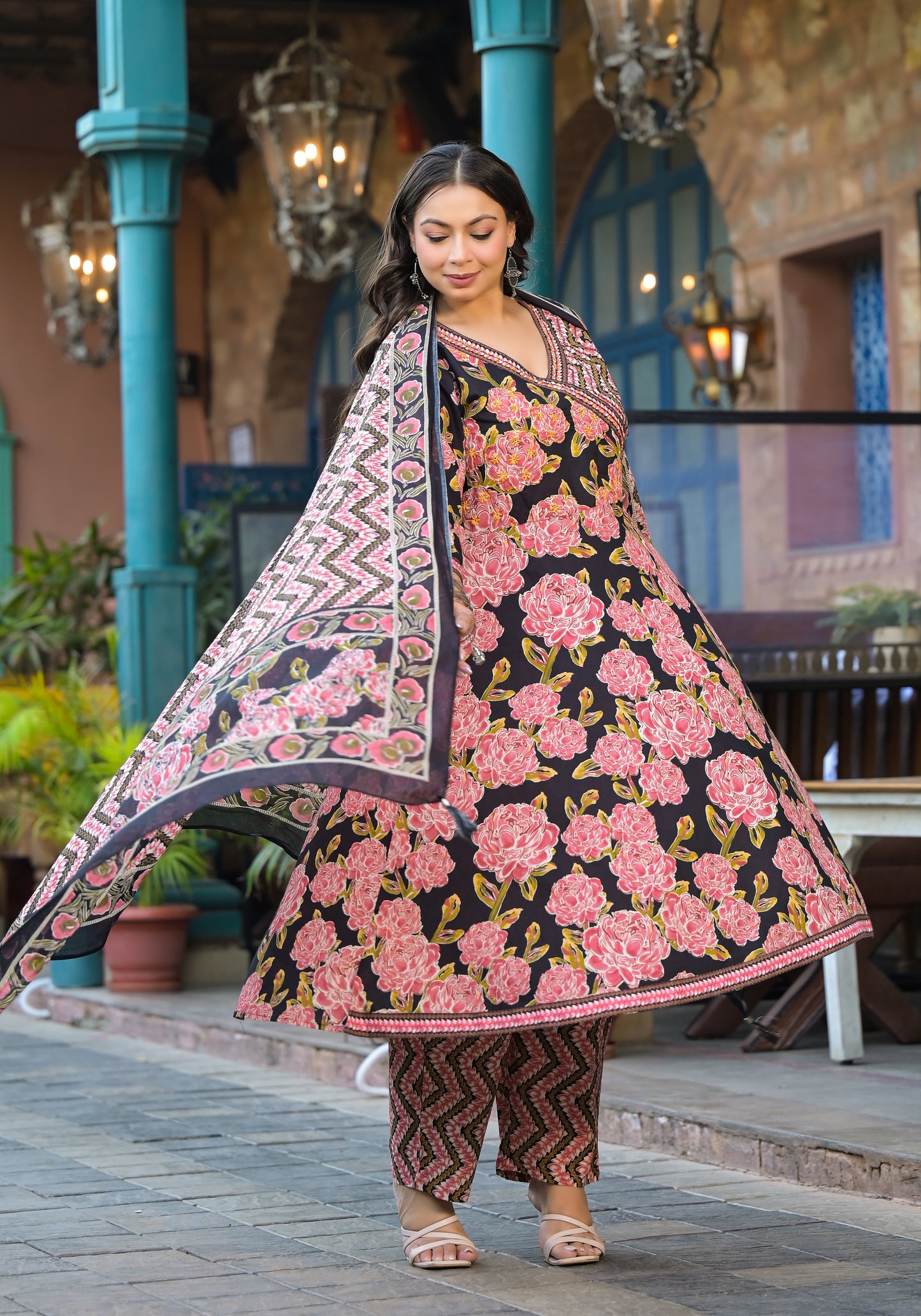 Light Pink Anarkali Kurta Pant Dupatta Set (Pure Cotton)