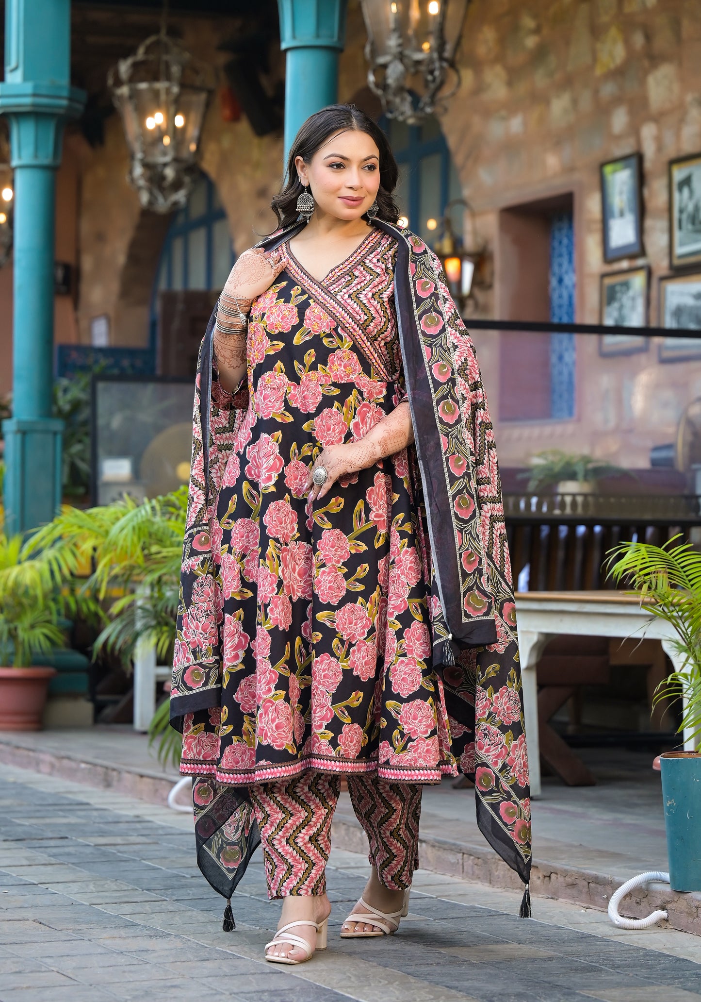 Light Pink Anarkali Kurta Pant Dupatta Set (Pure Cotton)