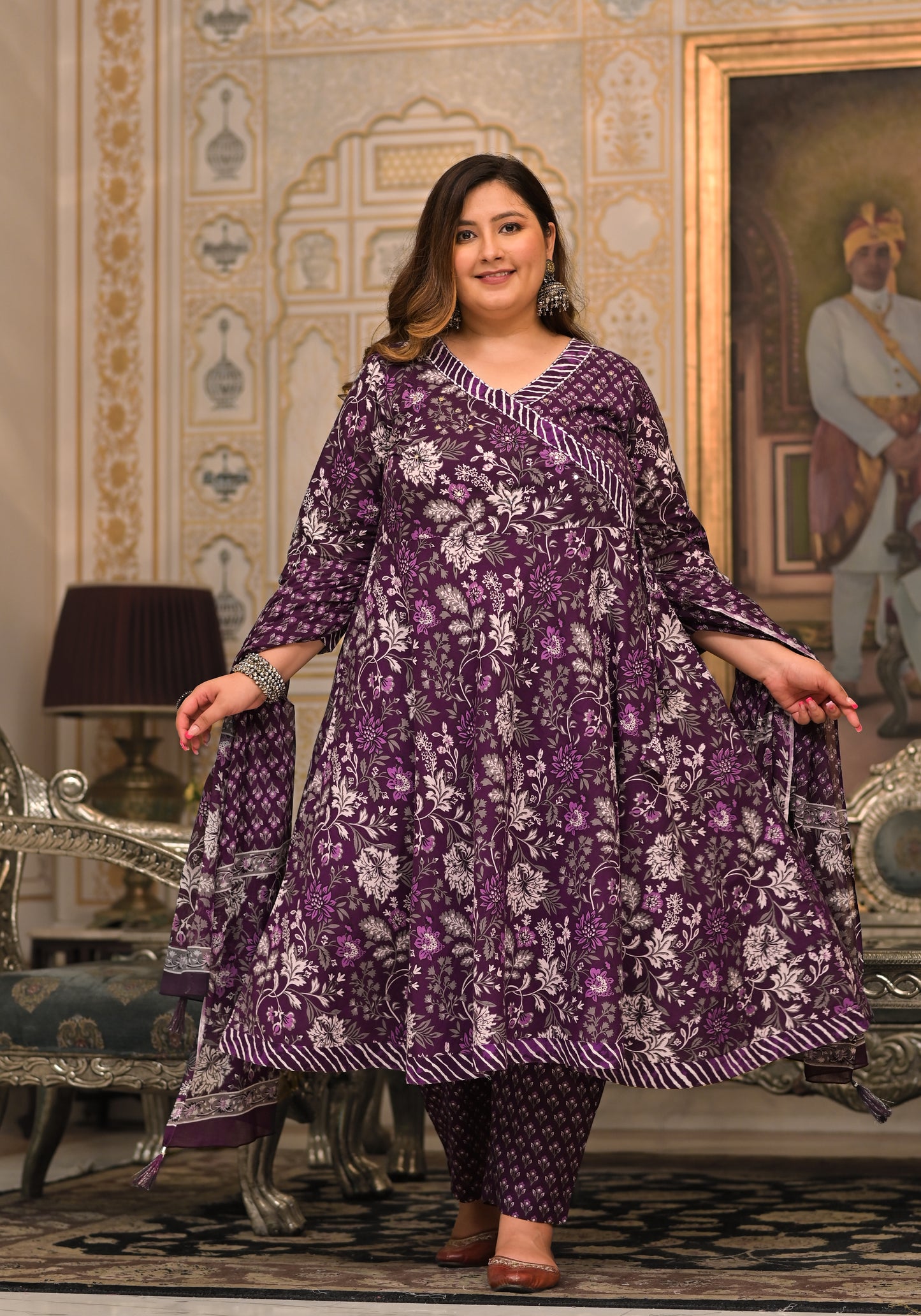 Purple Angrakha Kurta Pant Dupatta Set