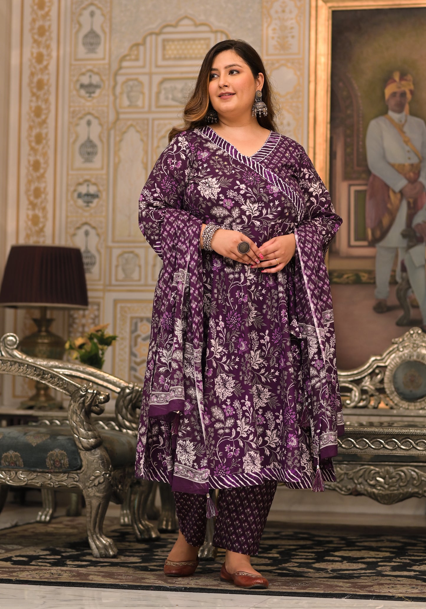 Purple Angrakha Kurta Pant Dupatta Set