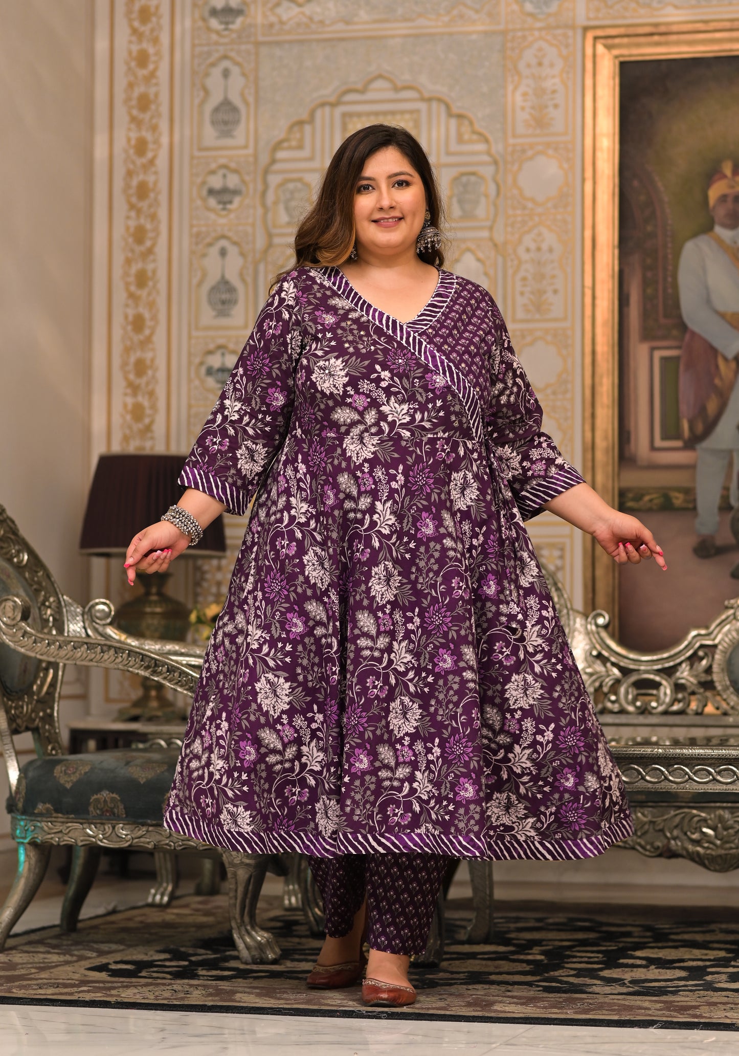 Purple Angrakha Kurta Pant Dupatta Set