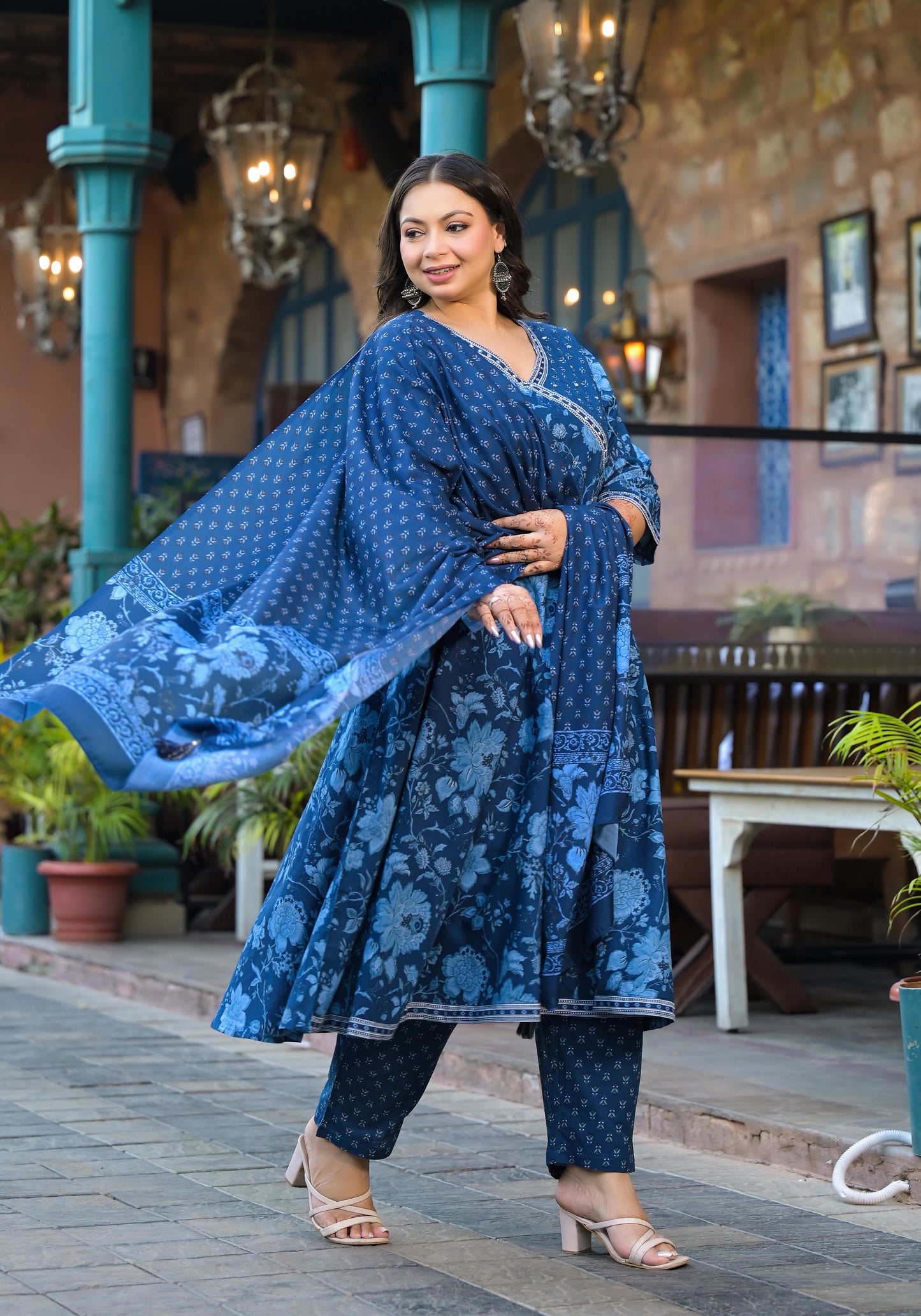 Royal Blue Anarkali Kurta Pant Dupatta Set (Pure Cotton)