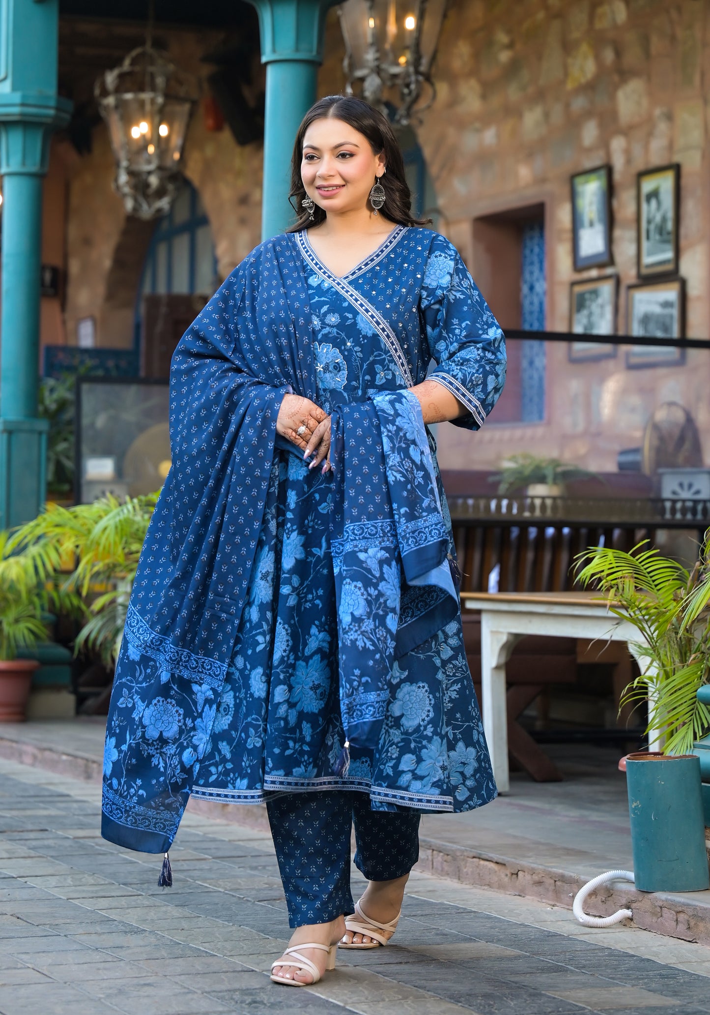 Royal Blue Anarkali Kurta Pant Dupatta Set (Pure Cotton)
