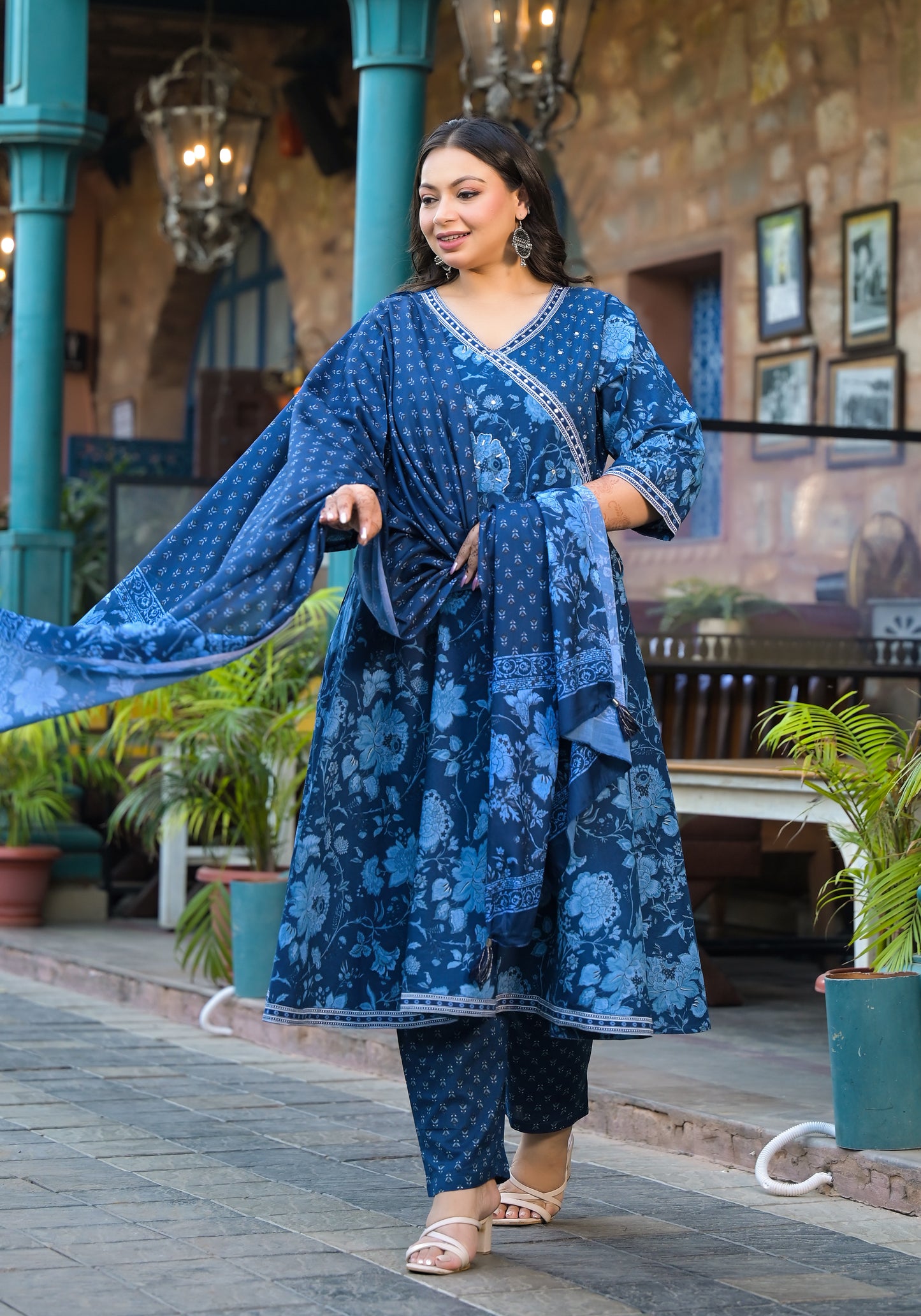 Royal Blue Anarkali Kurta Pant Dupatta Set (Pure Cotton)