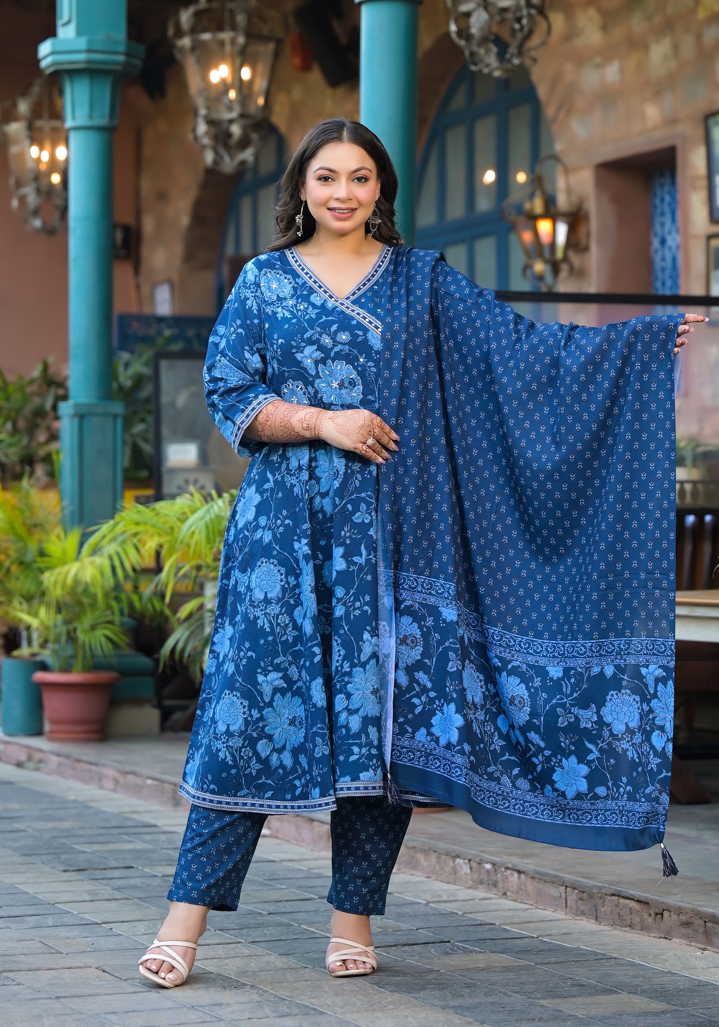 Royal Blue Anarkali Kurta Pant Dupatta Set (Pure Cotton)