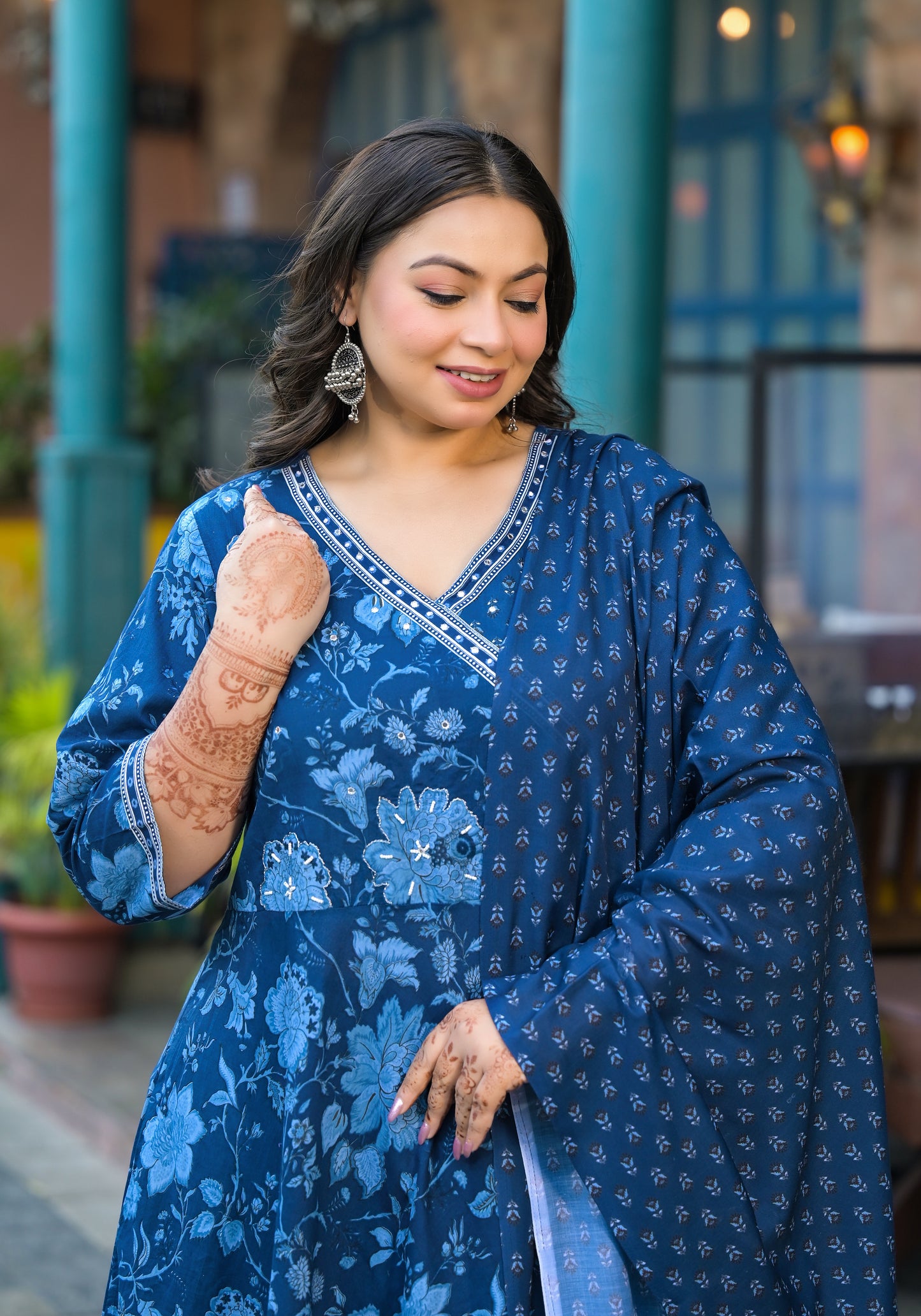 Royal Blue Anarkali Kurta Pant Dupatta Set (Pure Cotton)