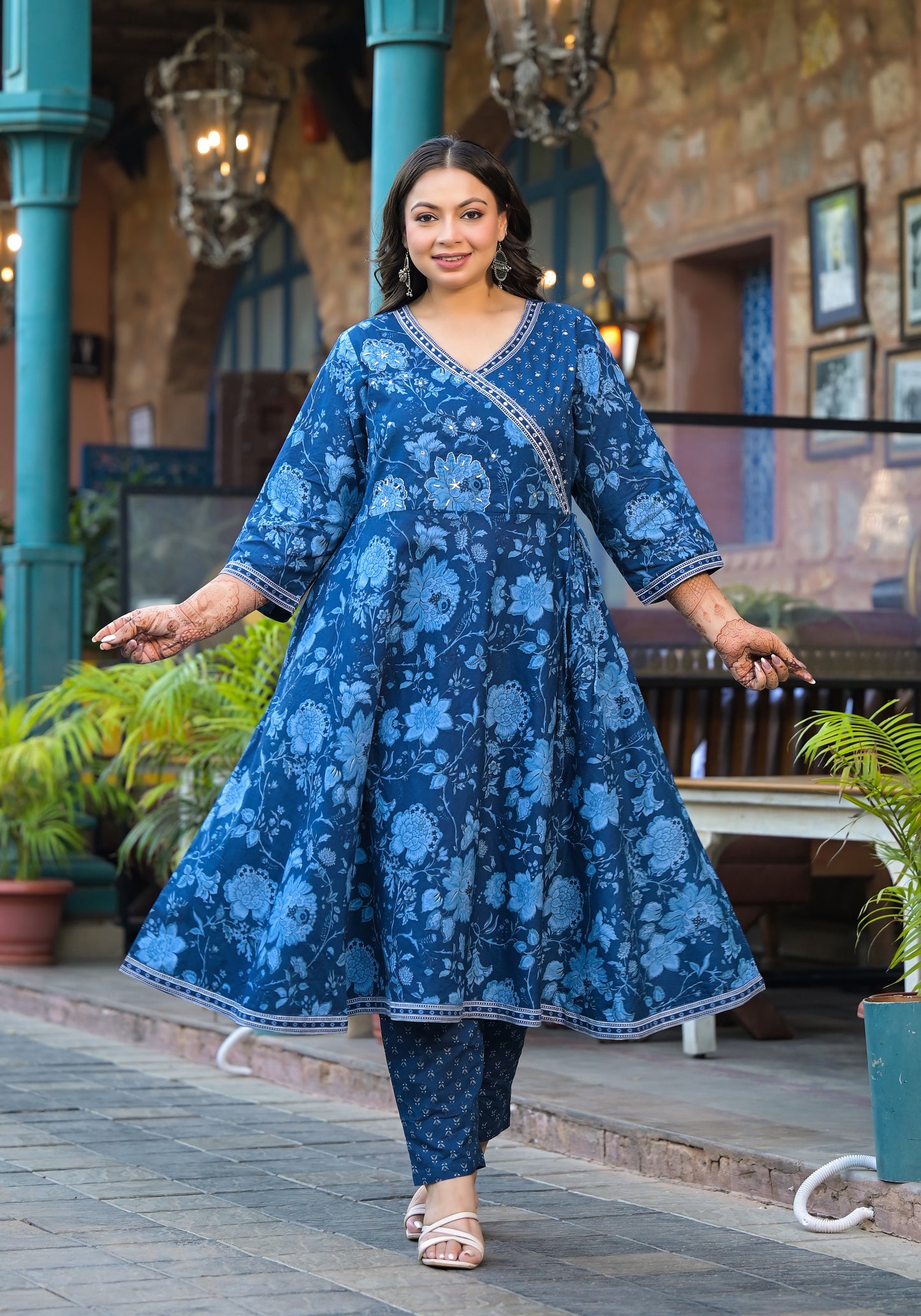Royal Blue Anarkali Kurta Pant Dupatta Set (Pure Cotton)
