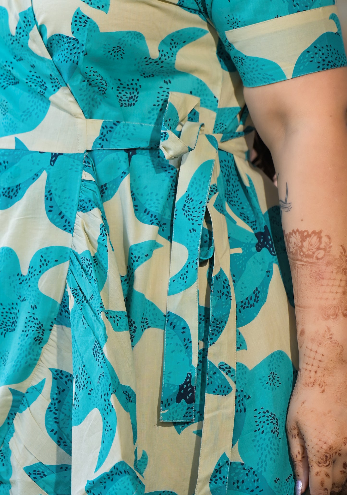 Sea Green Cotton Printed V Neck Wrap-Around Dress