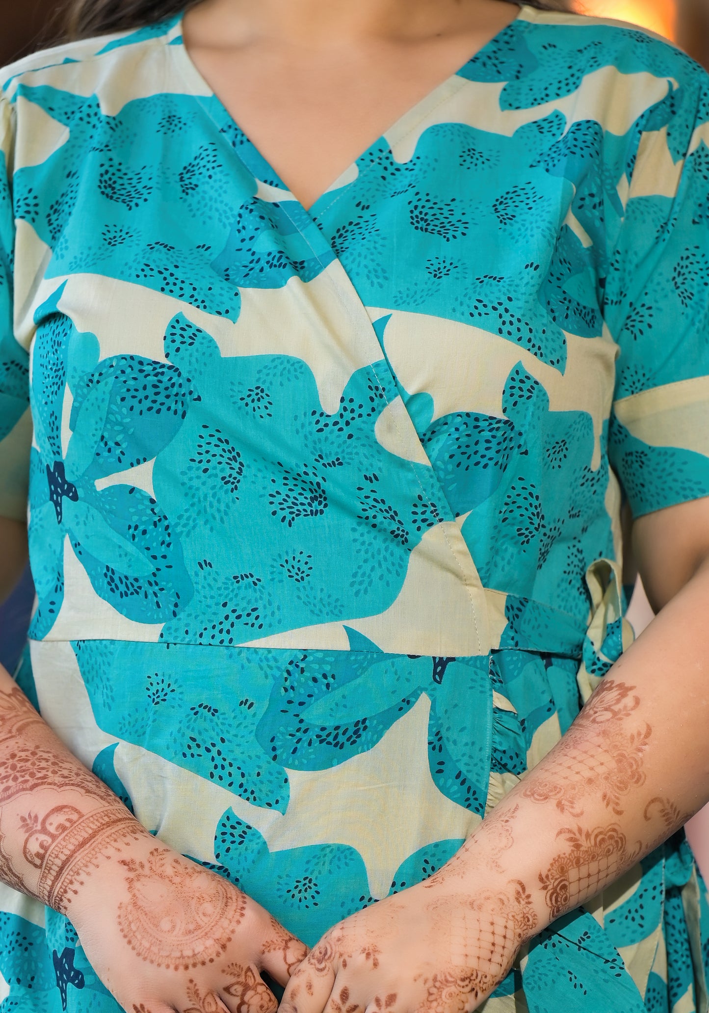 Sea Green Cotton Printed V Neck Wrap-Around Dress