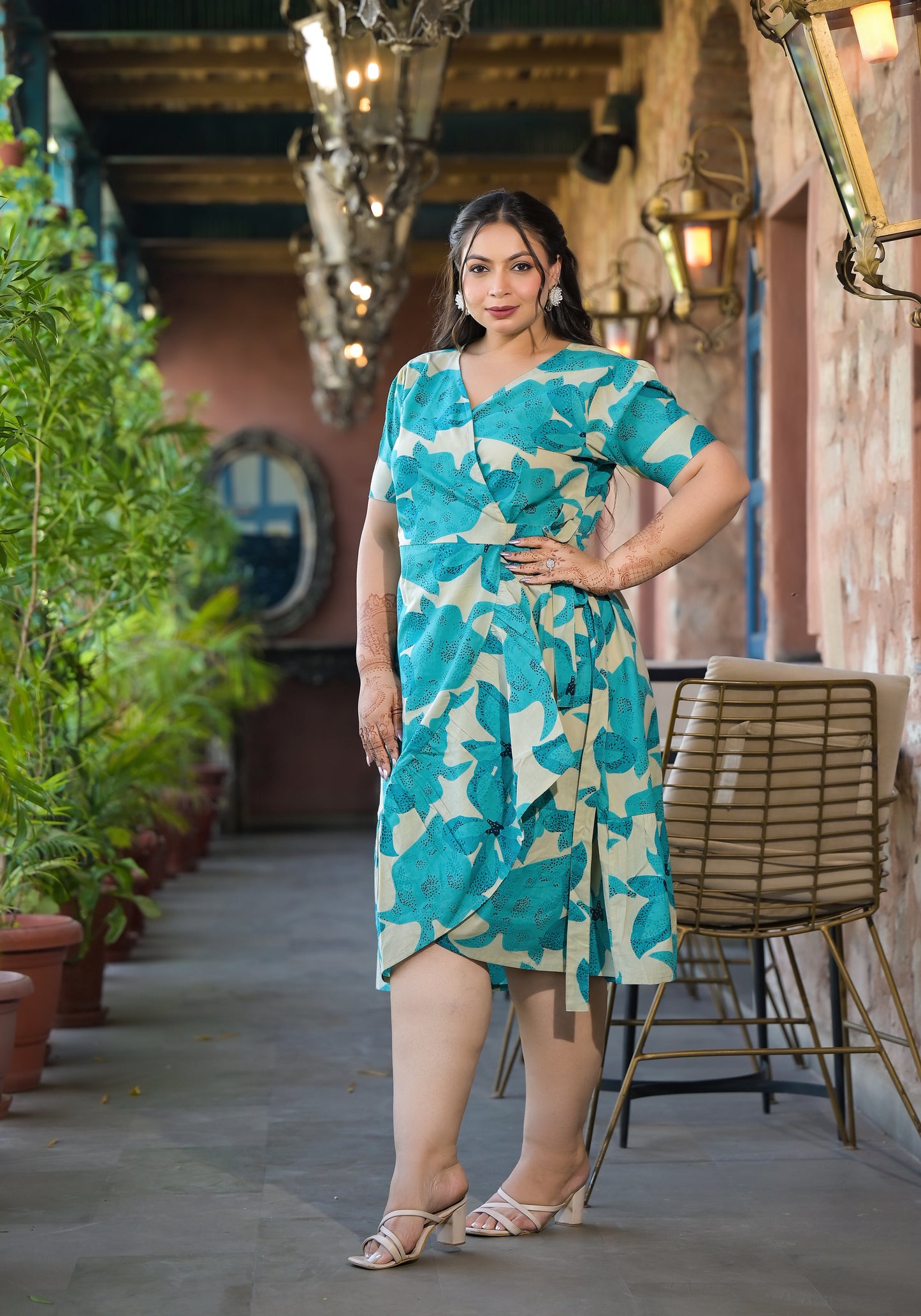 Sea Green Cotton Printed V Neck Wrap-Around Dress
