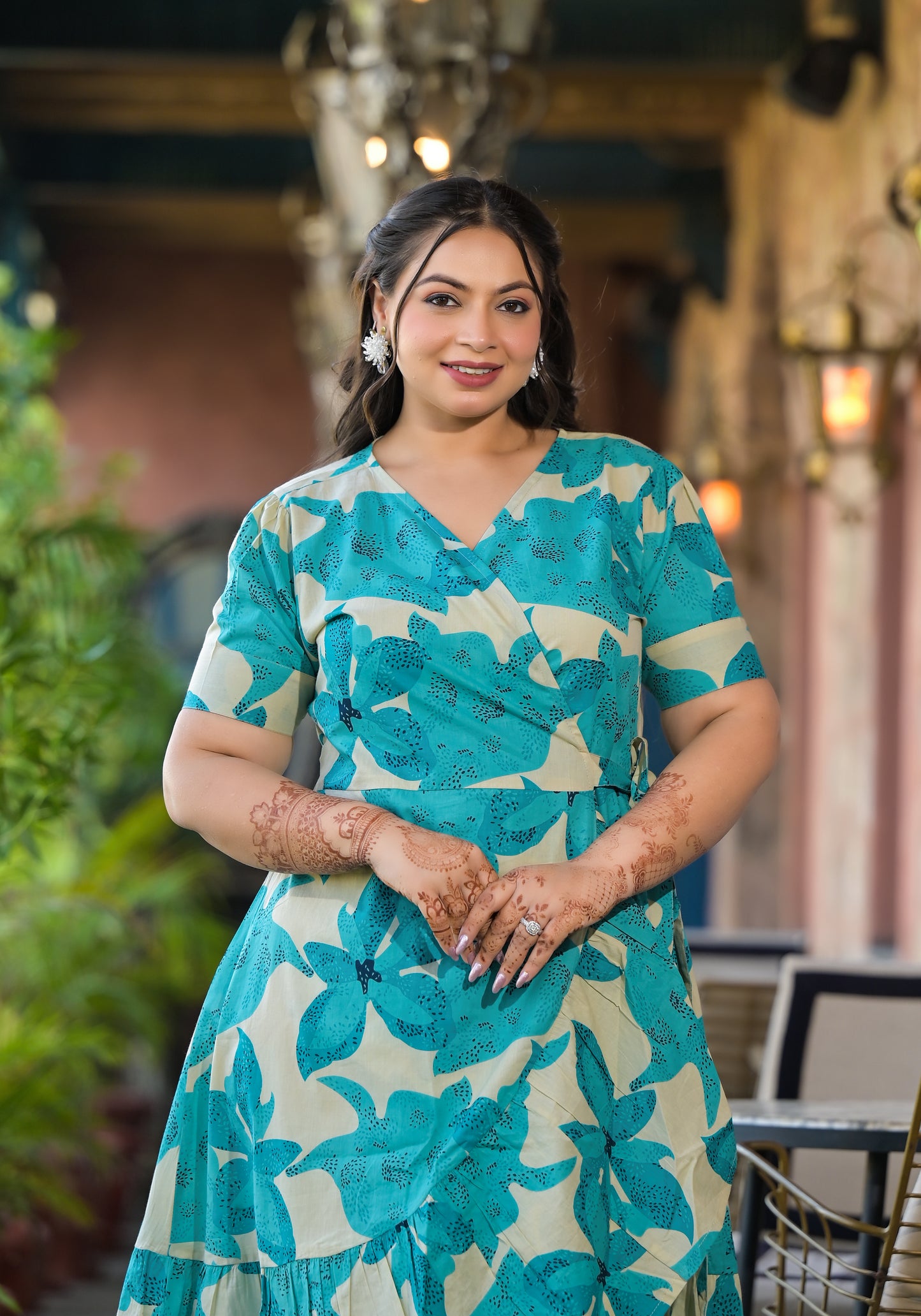 Sea Green Cotton Printed V Neck Wrap-Around Dress