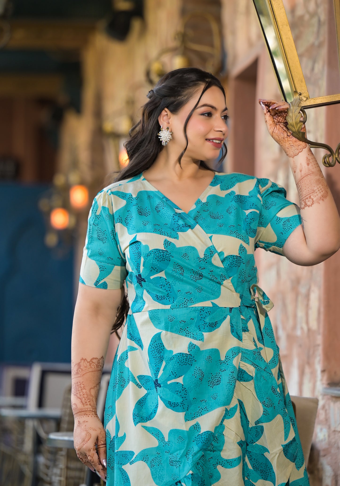 Sea Green Cotton Printed V Neck Wrap-Around Dress