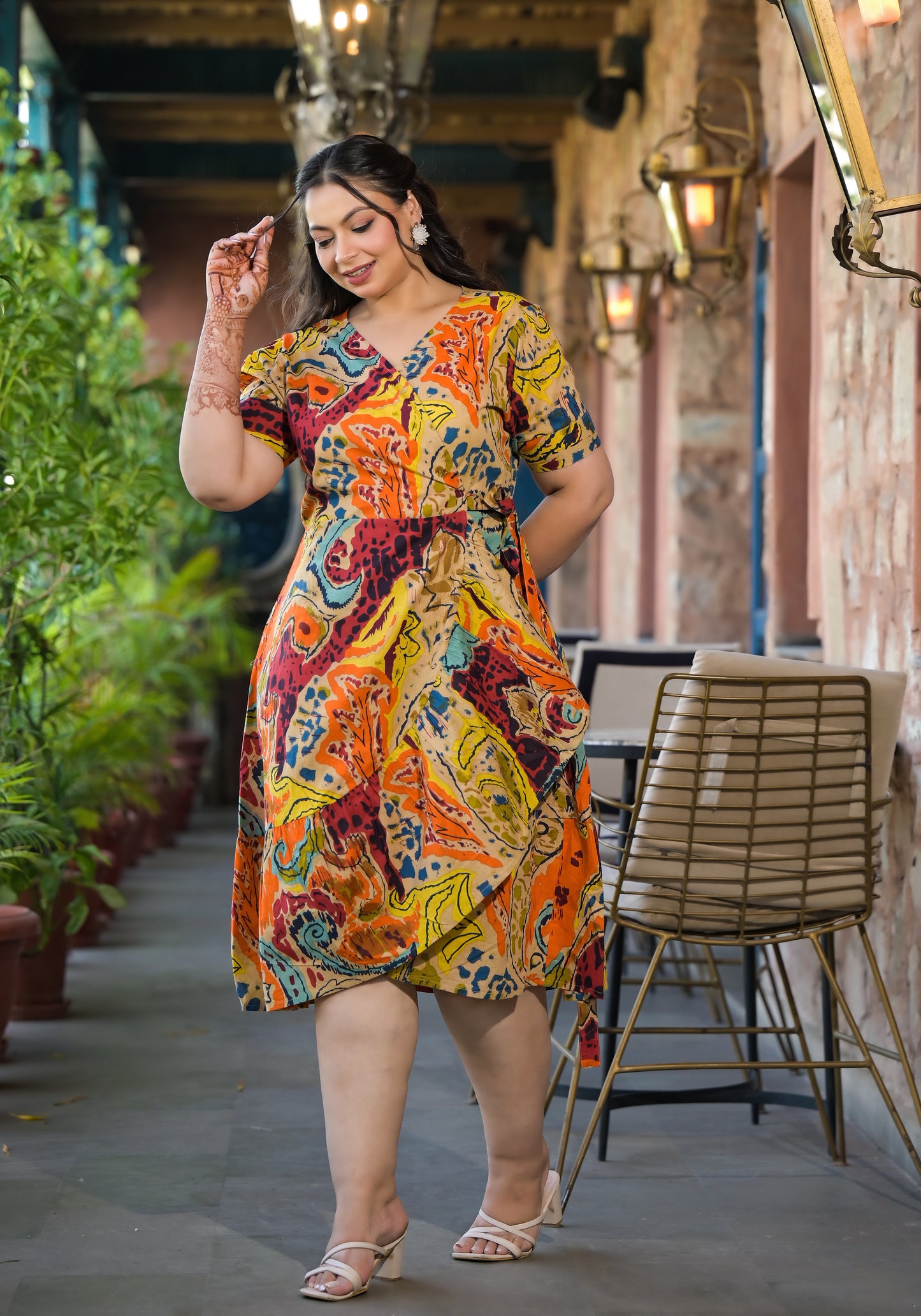 Multicolor Cotton Printed V Neck Wrap-Around Dress