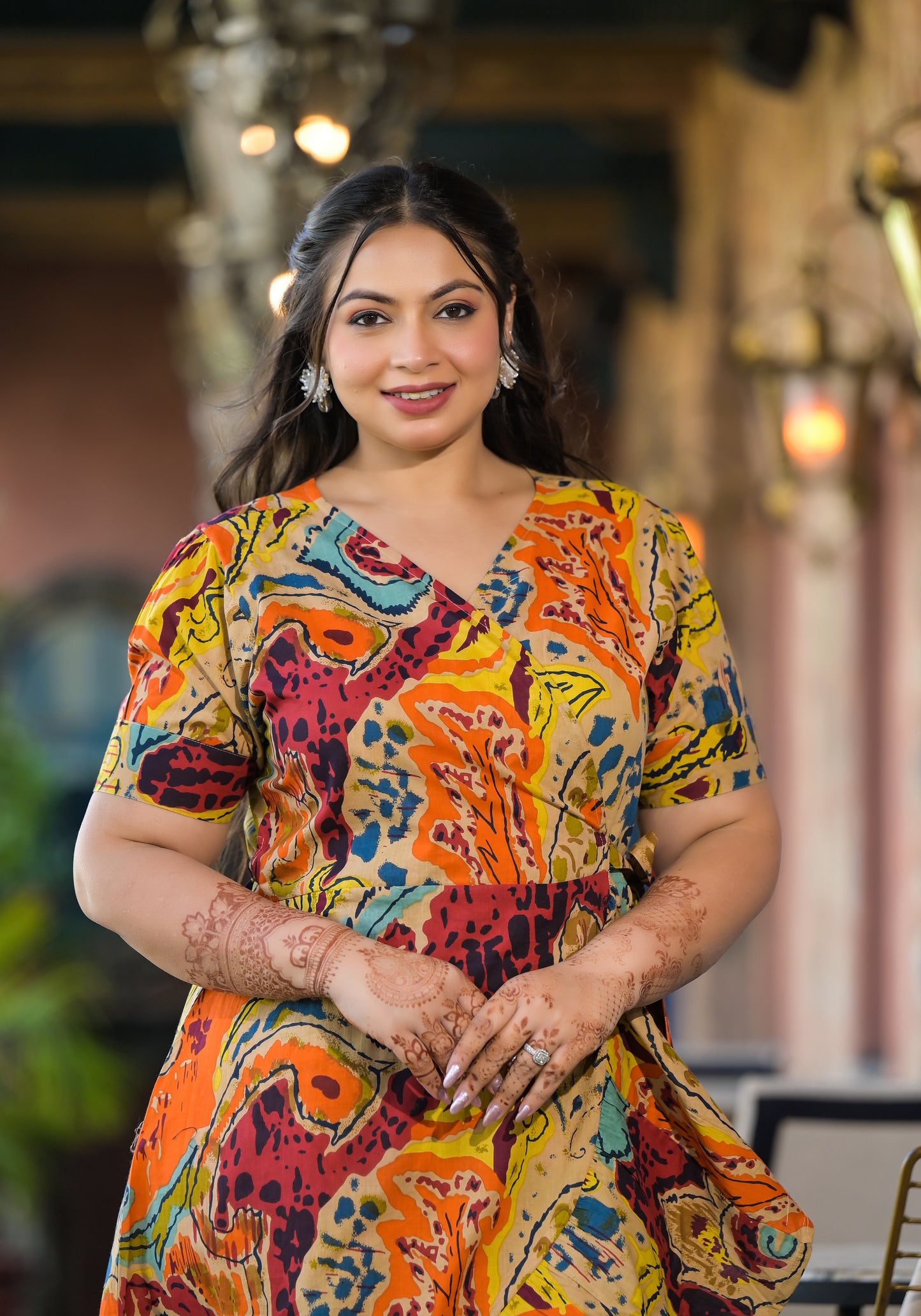 Multicolor Cotton Printed V Neck Wrap-Around Dress