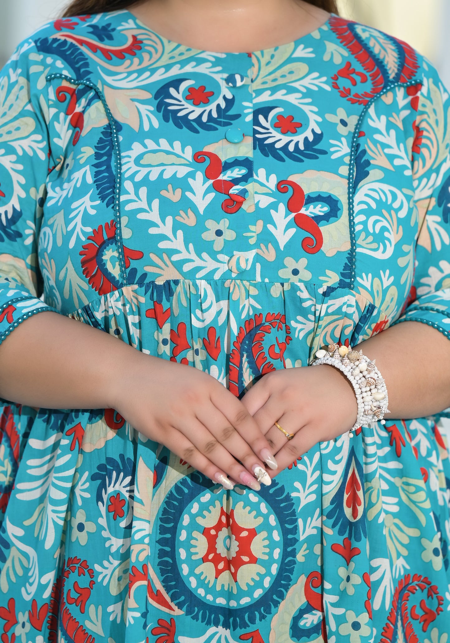 Turquoise Printed Fully Flared Dress