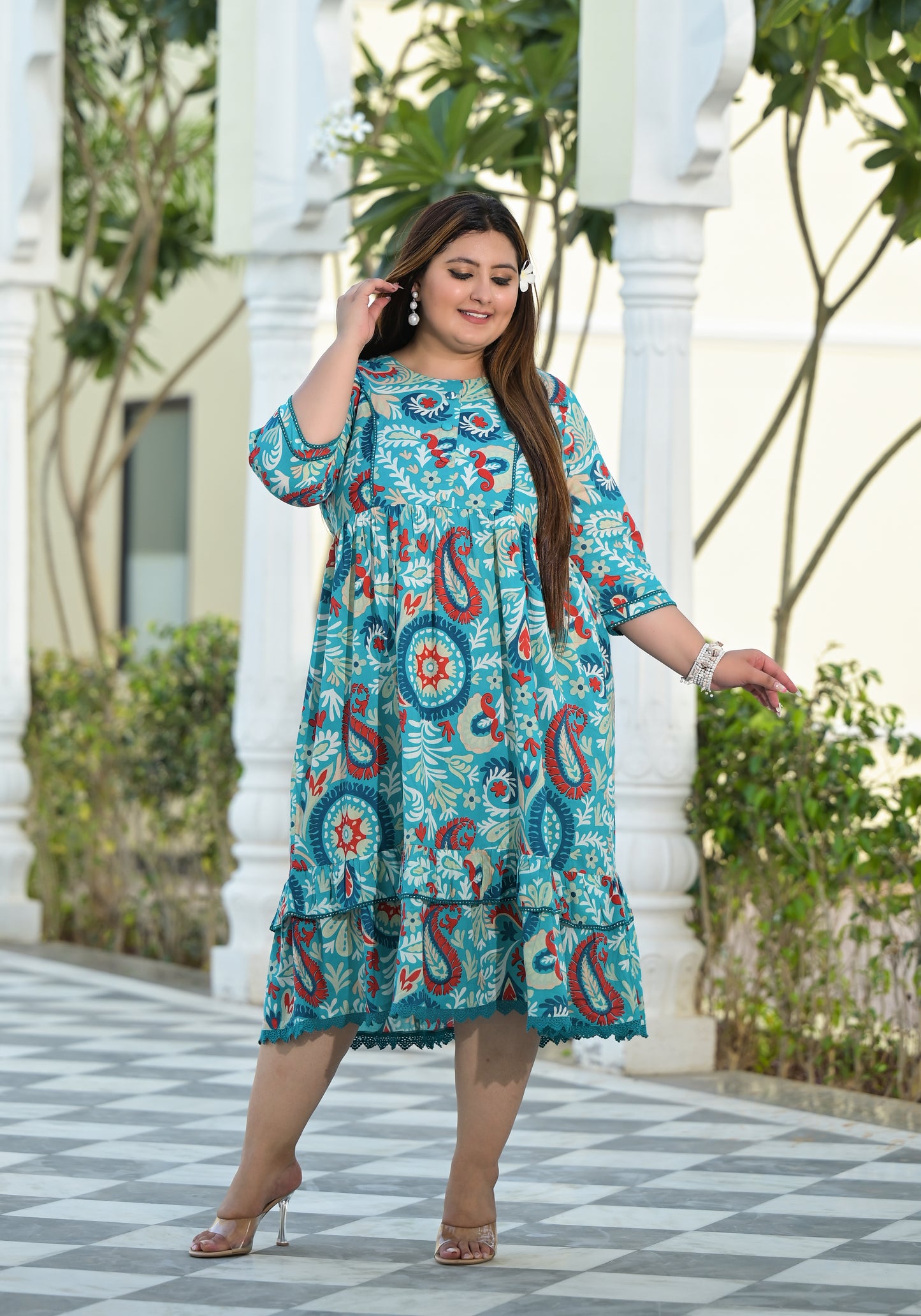 Turquoise Printed Fully Flared Dress