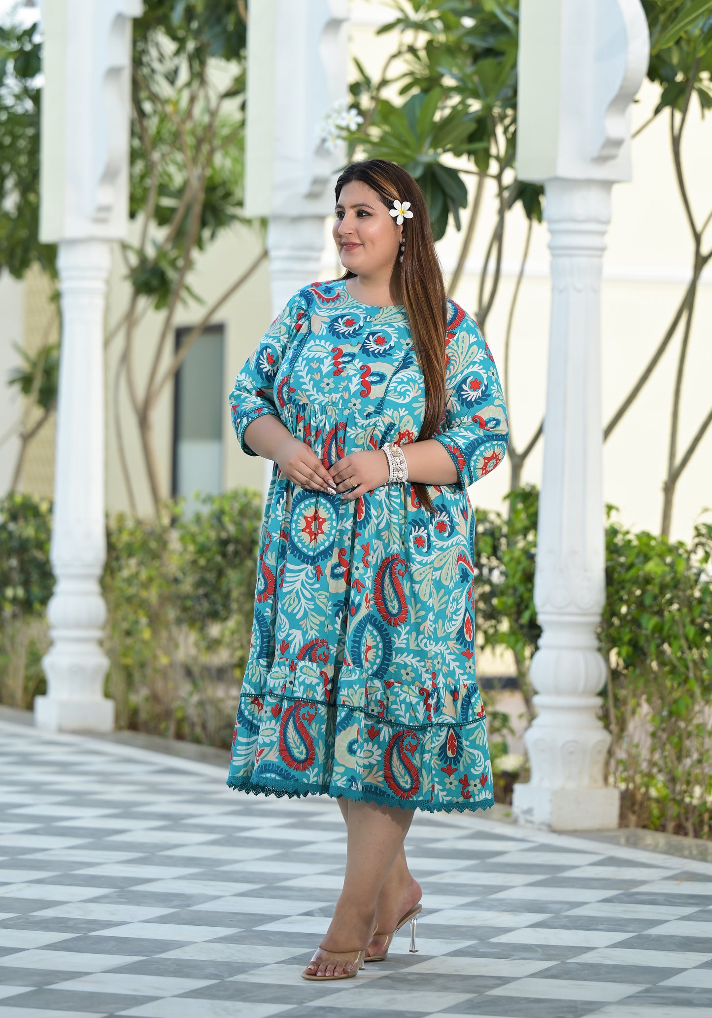 Turquoise Printed Fully Flared Dress