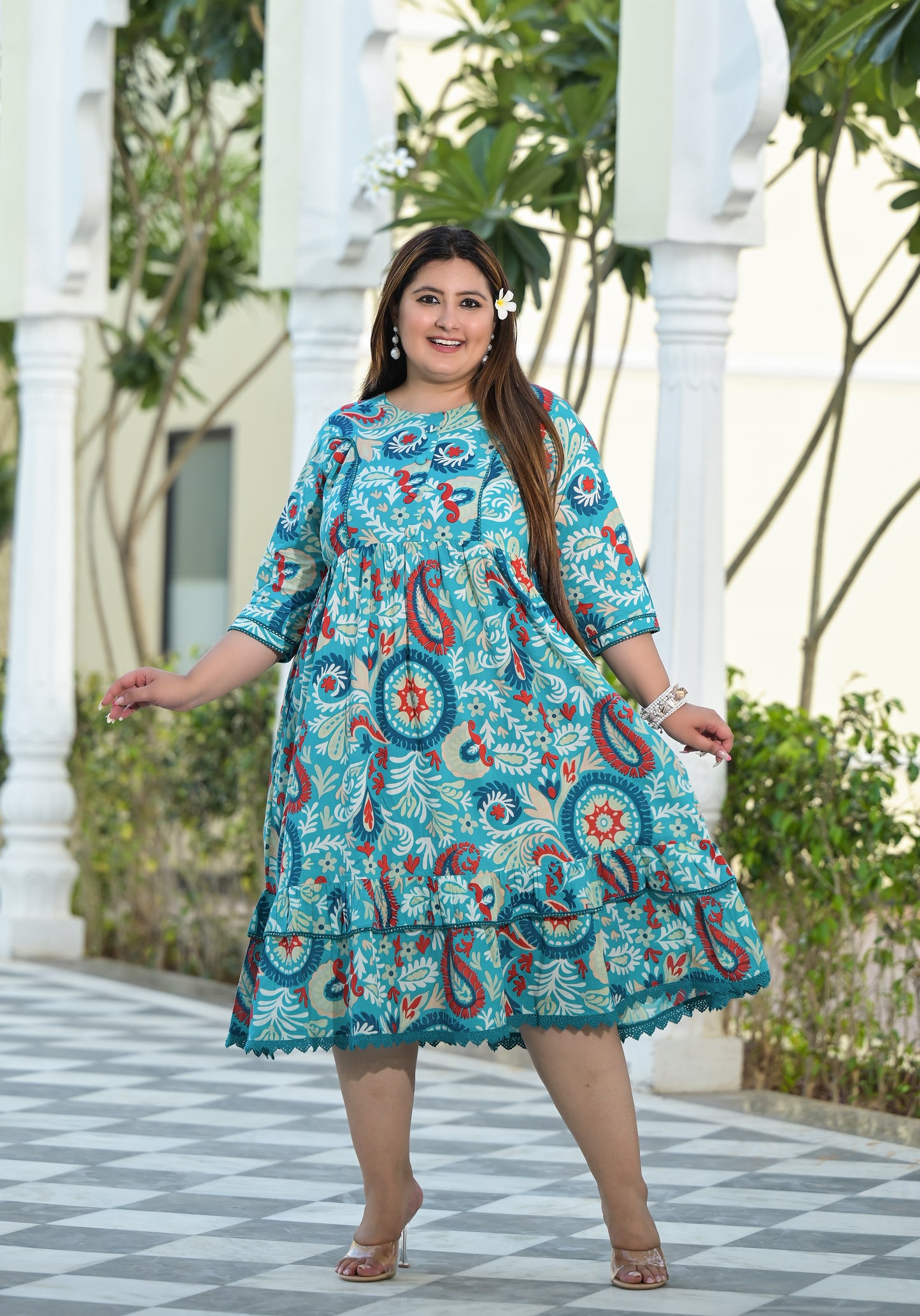 Turquoise Printed Fully Flared Dress
