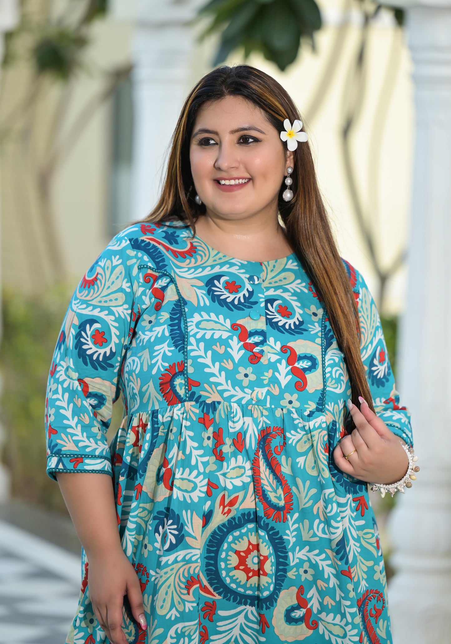 Turquoise Printed Fully Flared Dress