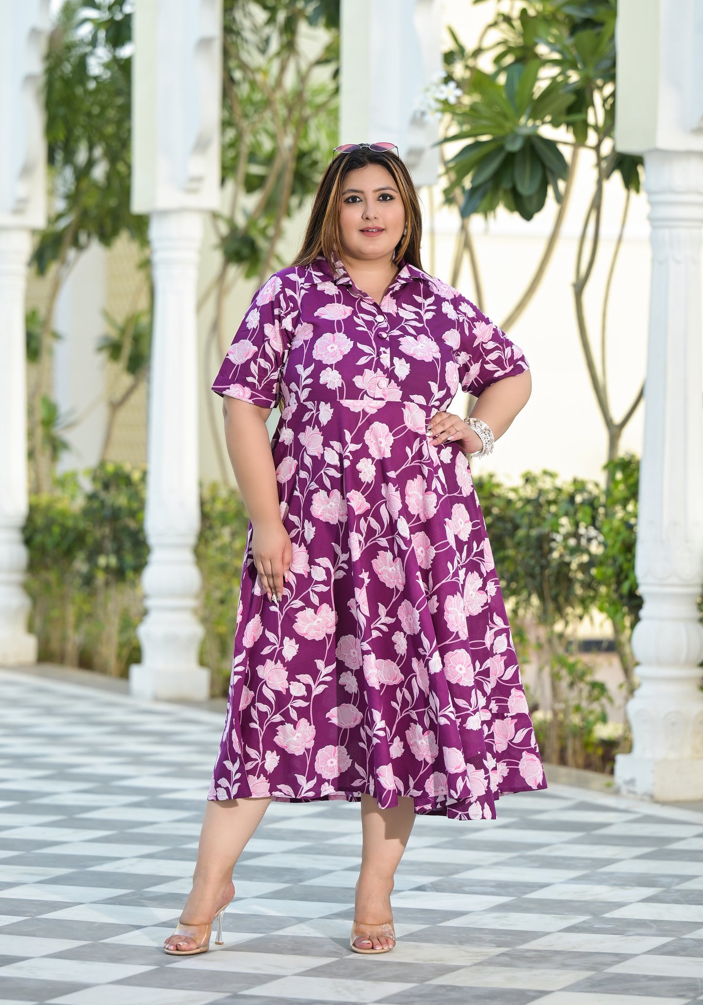 Purple Printed Collar Neck Flared Dress (Pure Cotton)